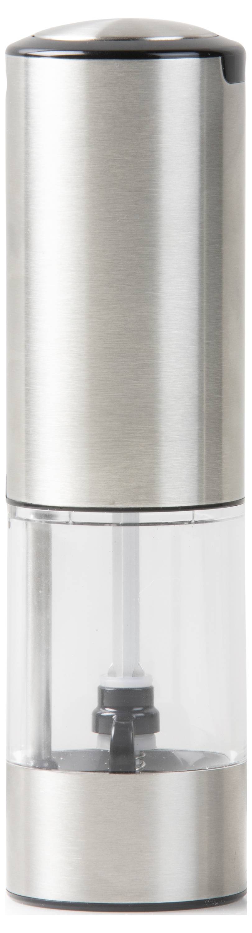 Moulin à poivre électrique en acier inoxydable avec partie centrale transparente, révélant le mécanisme intérieur.