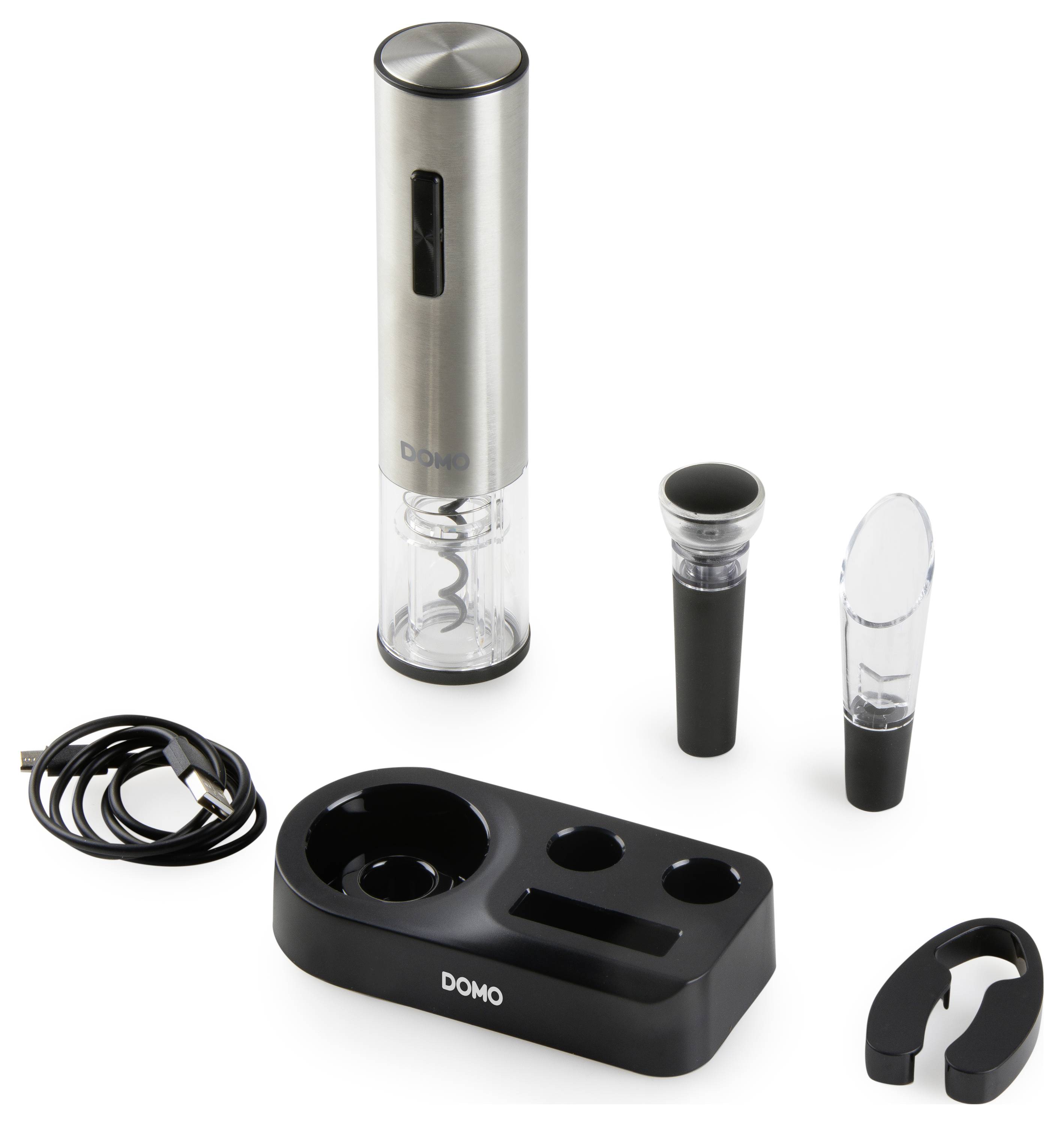 Tire-bouchon électrique en argent avec station de base. Comprend un câble de charge USB, un verseur à vin, un bouchon de vide et un coupe-capsule.