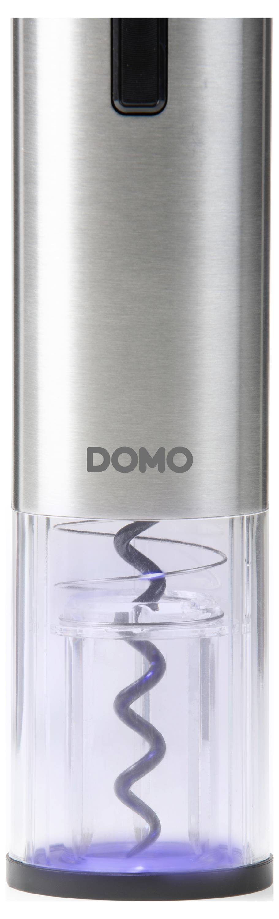 Tire-bouchon électrique en acier inoxydable avec spirale visible, marqué 'DOMO'.