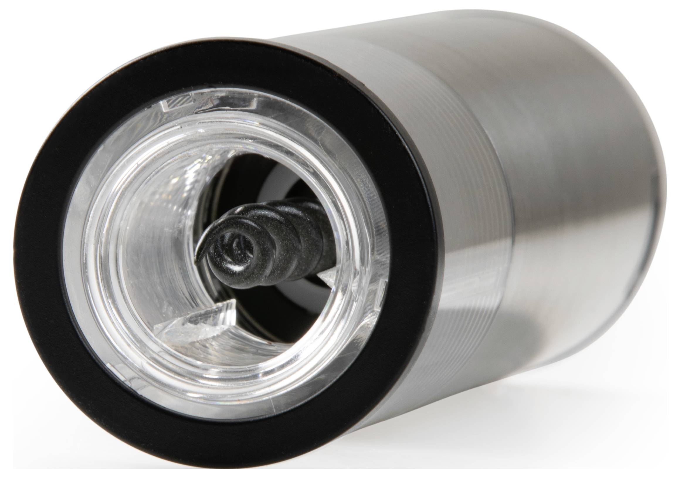 Un taille-crayon cylindrique en métal avec une fenêtre transparente qui permet de voir la lame et le mécanisme d'aiguisage.