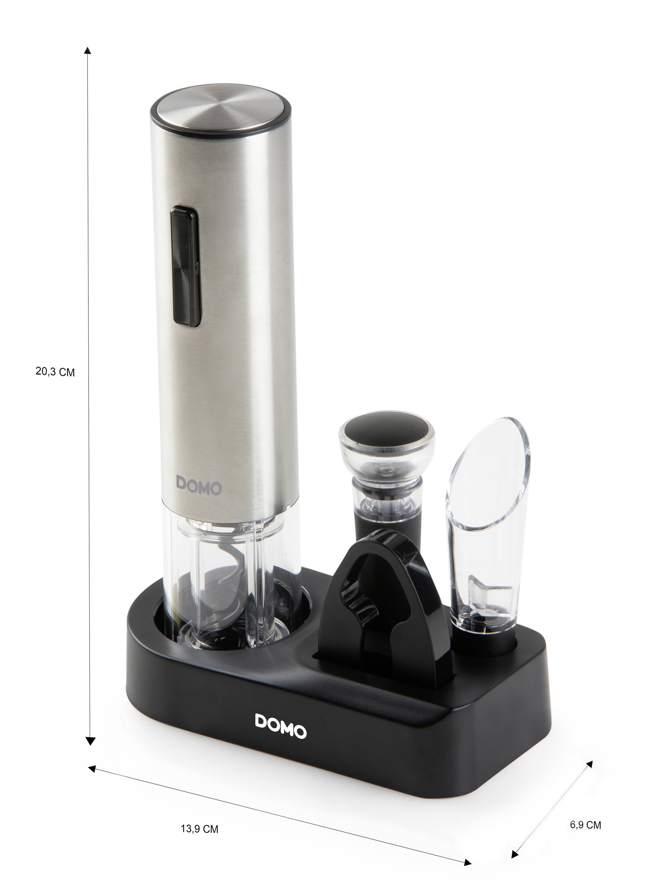 Ensemble ouvre-bouteille électrique comprenant un ouvre-bouteille en acier inoxydable, un verseur à vin, un coupe-capsule et un bouchon de conservation sous vide, installé sur un support noir.