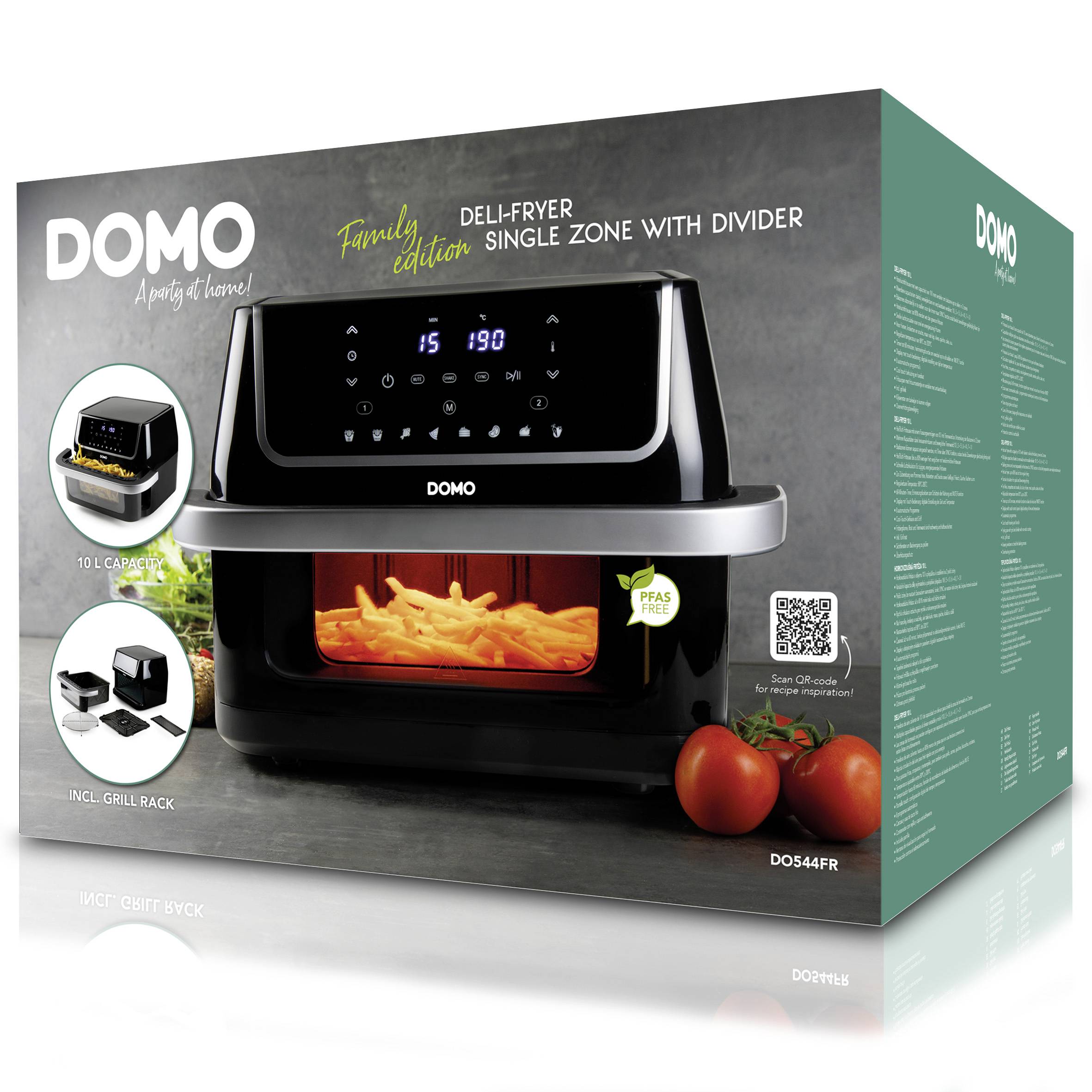 Emballage d'une friteuse de luxe DOMO avec affichage numérique et frites dans l'espace de cuisson. Texte : 'Édition Familiale'. Comprend une grille de grill.