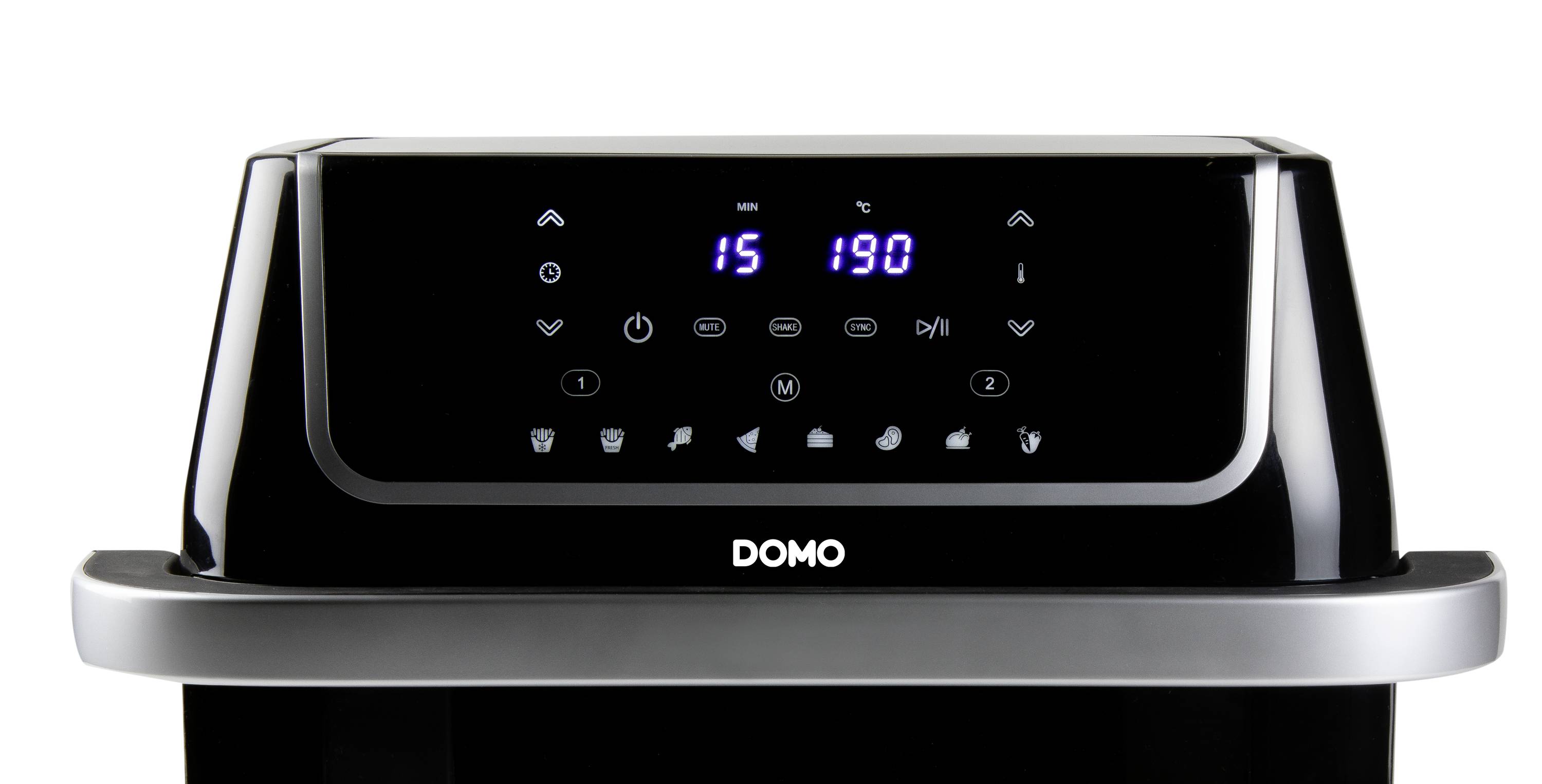 Interface électronique d'un robot de cuisine noir avec des voyants numériques et des touches pour différents réglages.