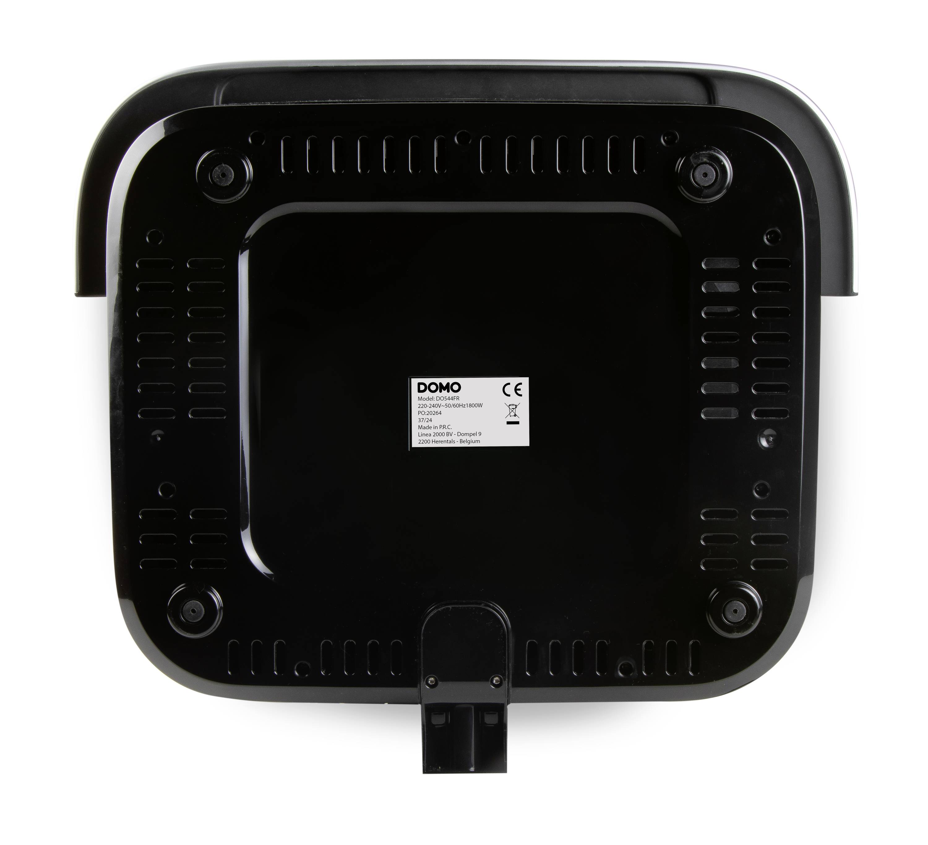 Appareil électrique 'DOMO' vu de dessous avec marquage CE pour une utilisation sûre. Boîtier noir avec fentes de ventilation et point de suspension.