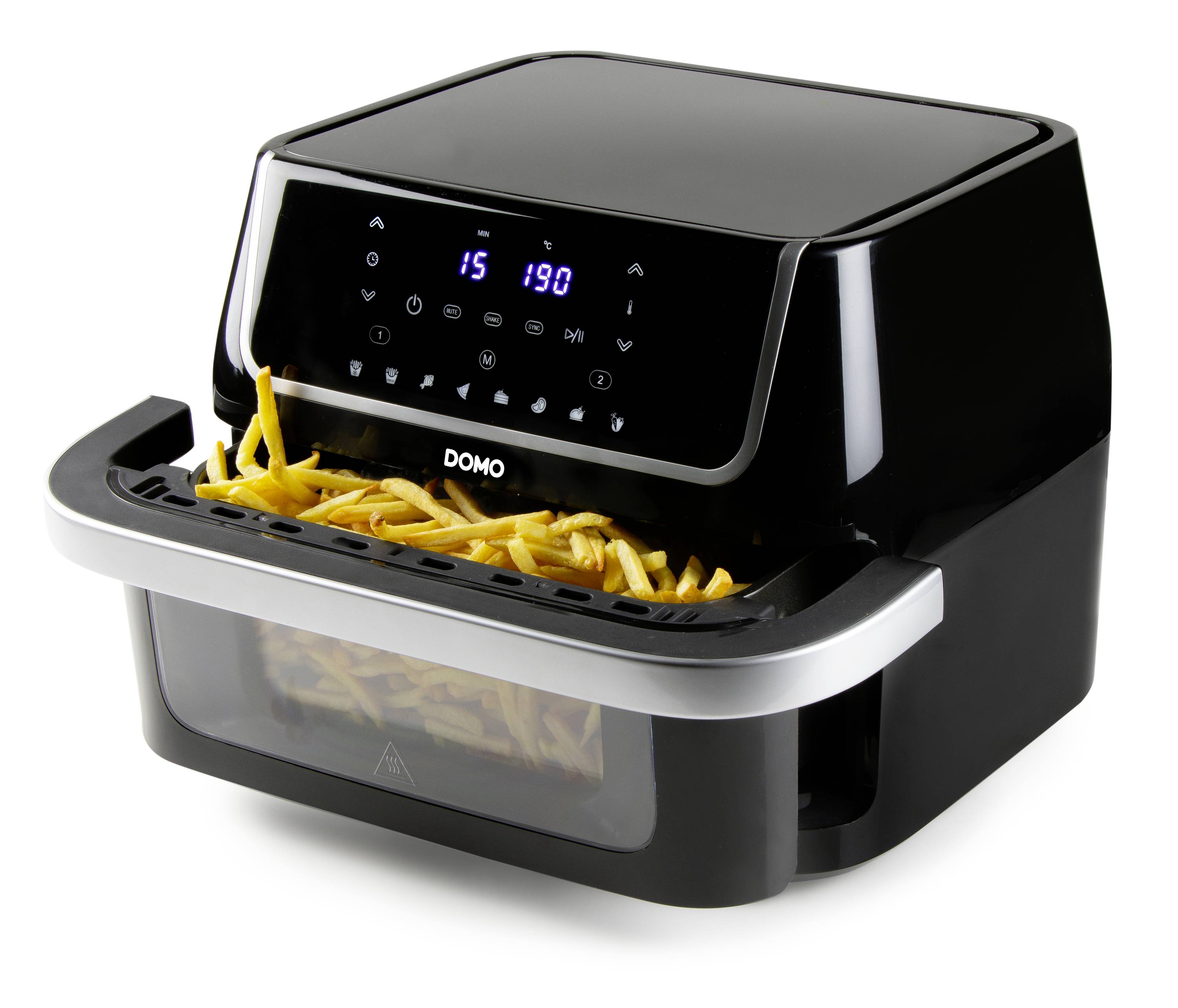 Une friteuse à air chaud noire montre des frites à l'intérieur du récipient. L'affichage indique une température de 190 degrés.