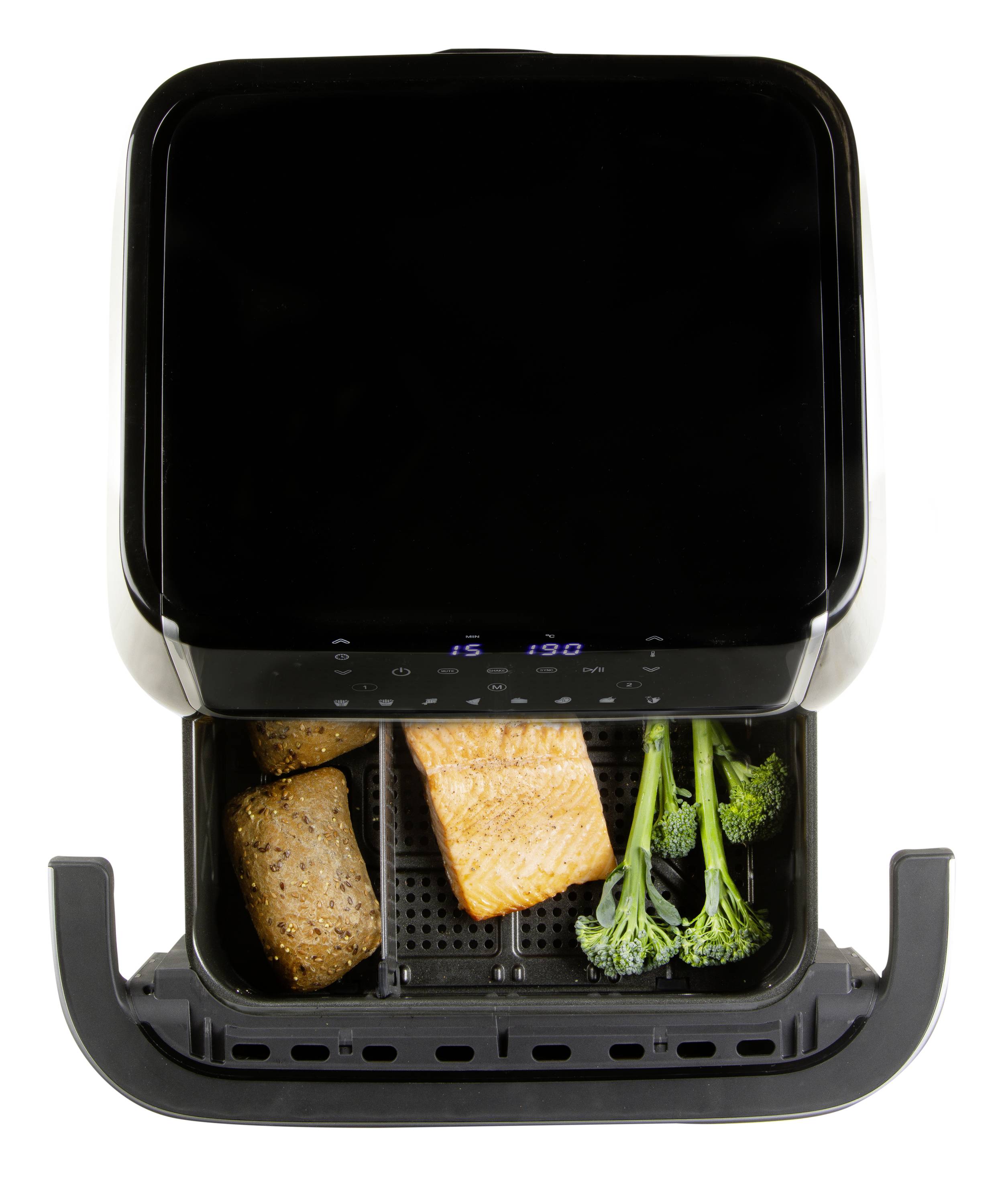Un air fryer avec un tiroir ouvert contient un filet de saumon, du pain et du brocoli. L'écran affiche une température de 190 degrés.