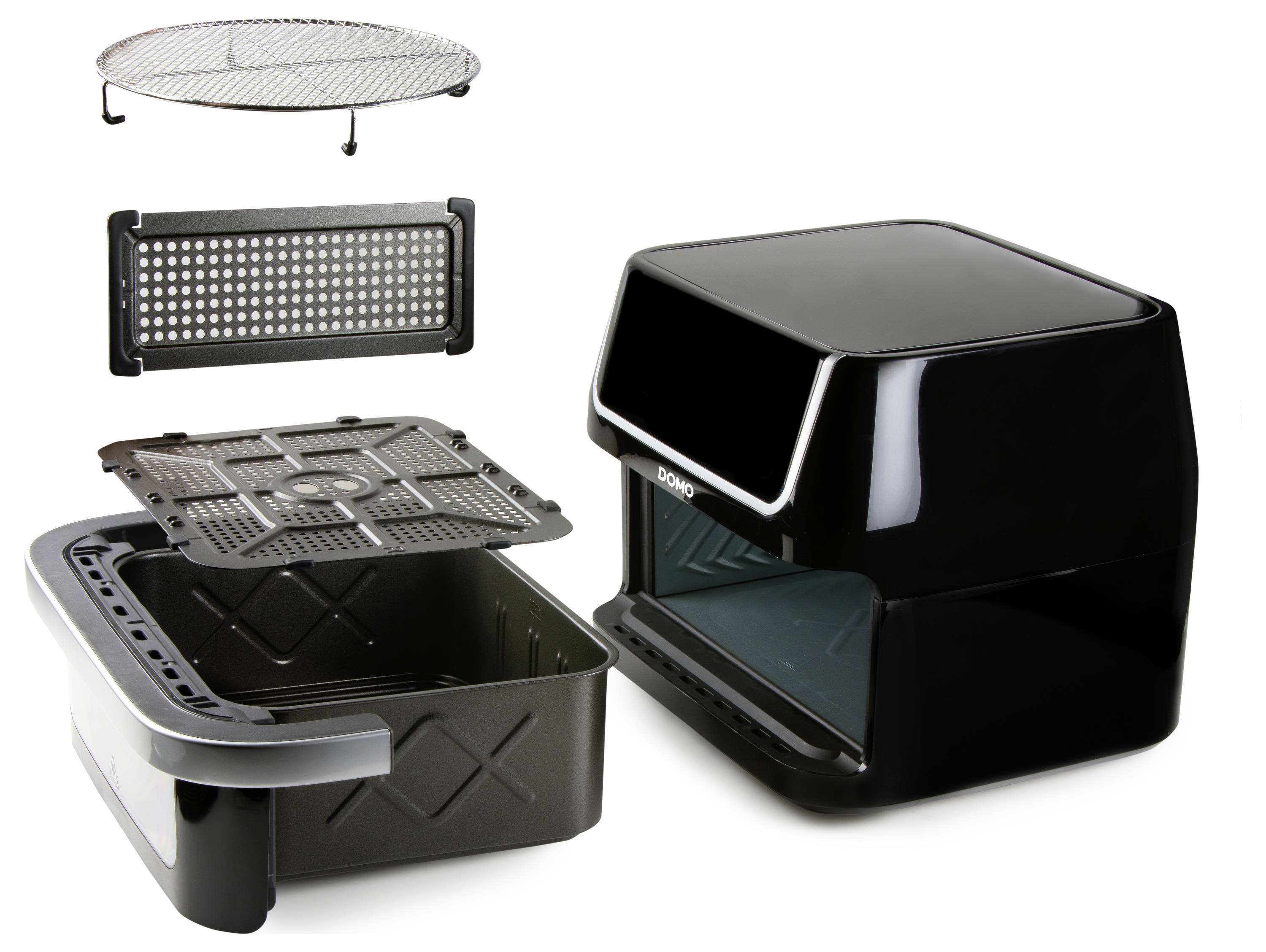 'Friteuse à air noir avec panier de cuisson amovible, grille de grill et une grille de circulation d'air, prête à préparer des aliments.'