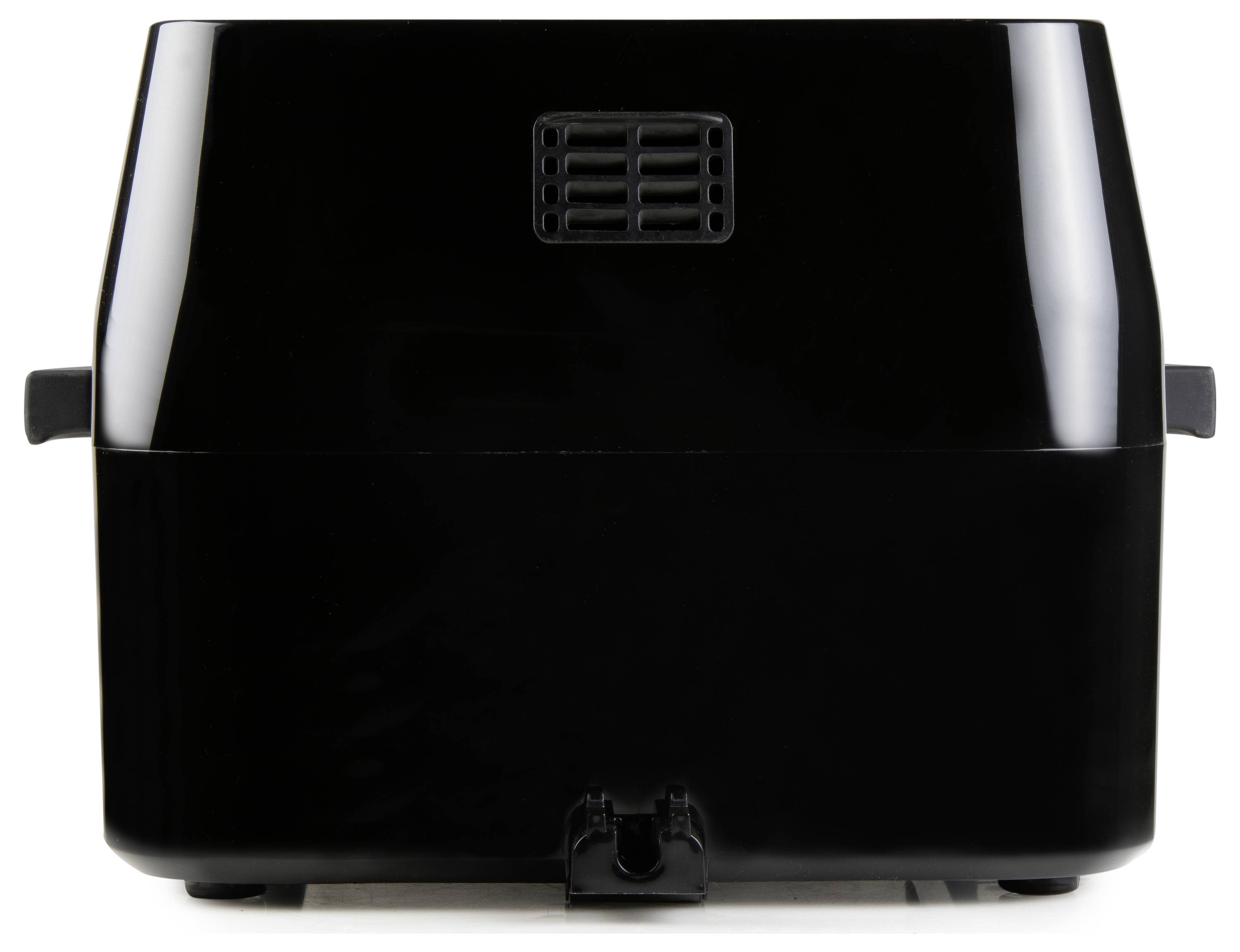 Déshumidificateur électrique noir vu de dos, avec une grille de ventilation en haut et des poignées sur les côtés, posé sur une surface plane.