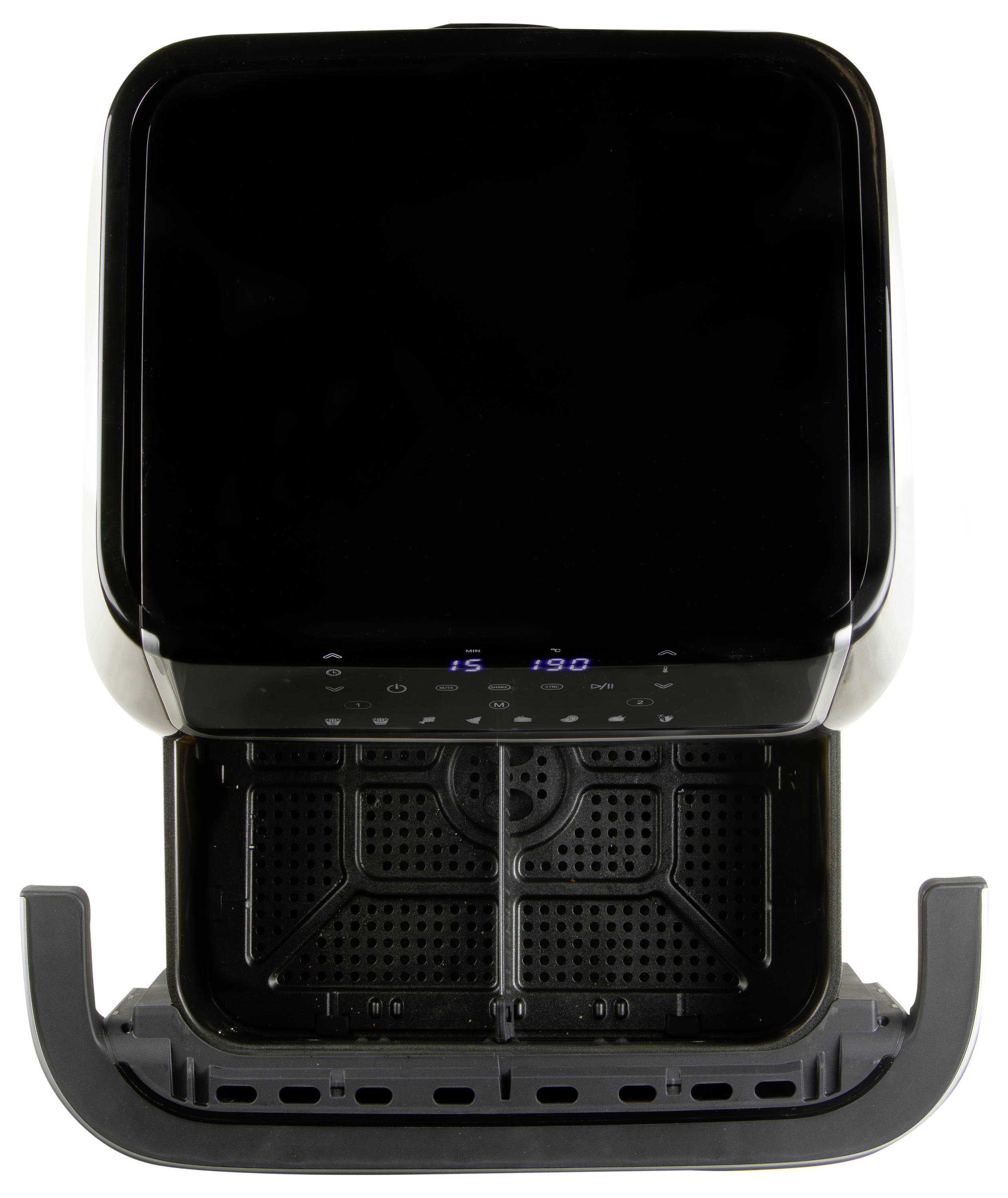 Une friteuse à air avec panier ouvert et affichage numérique réglé sur 190 degrés Celsius.