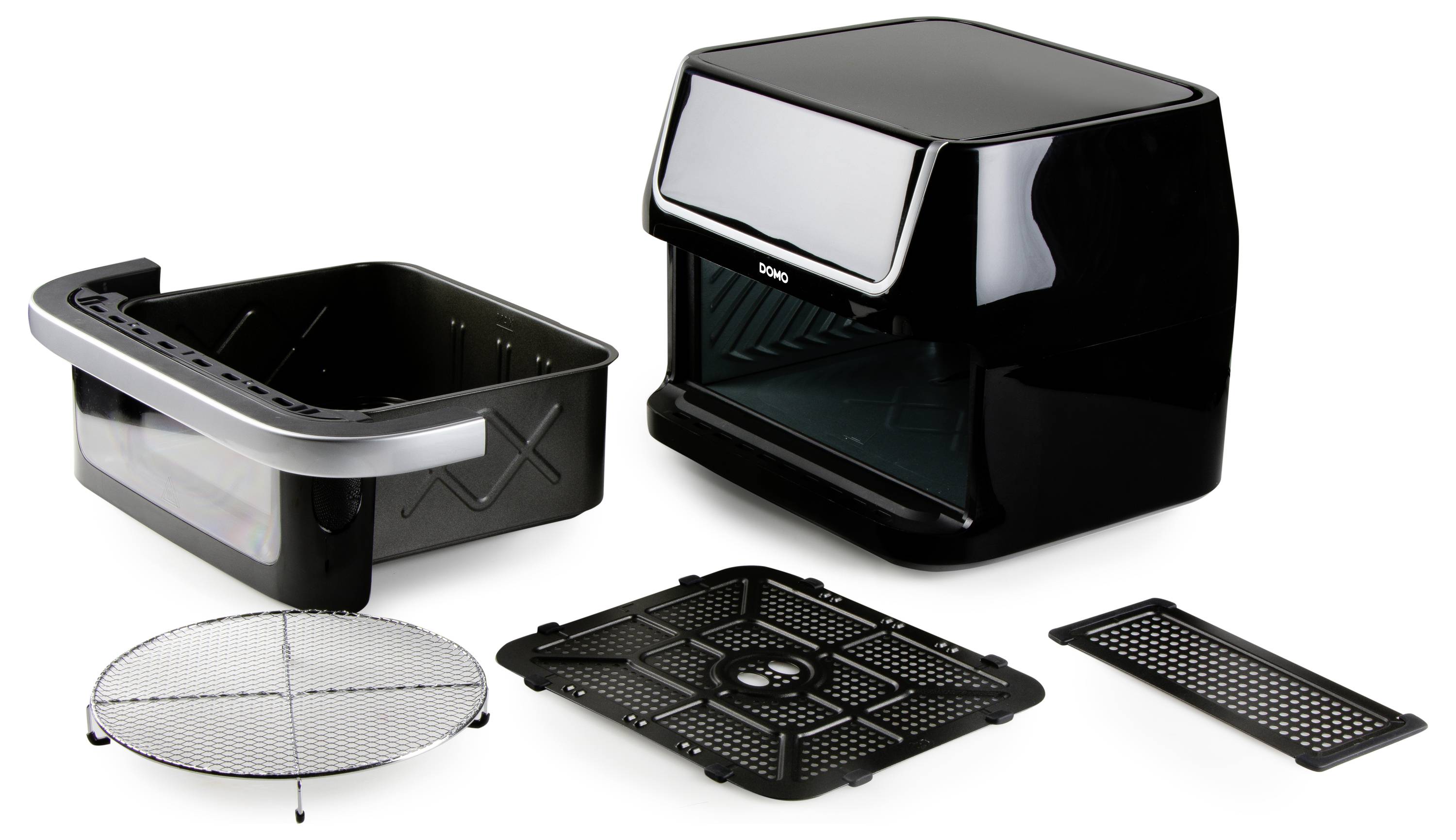 Friteuse à air avec pièces amovibles : panier, grille, bac de récupération et plateau. Idéal pour des fritures et cuissons à faible teneur en gras.