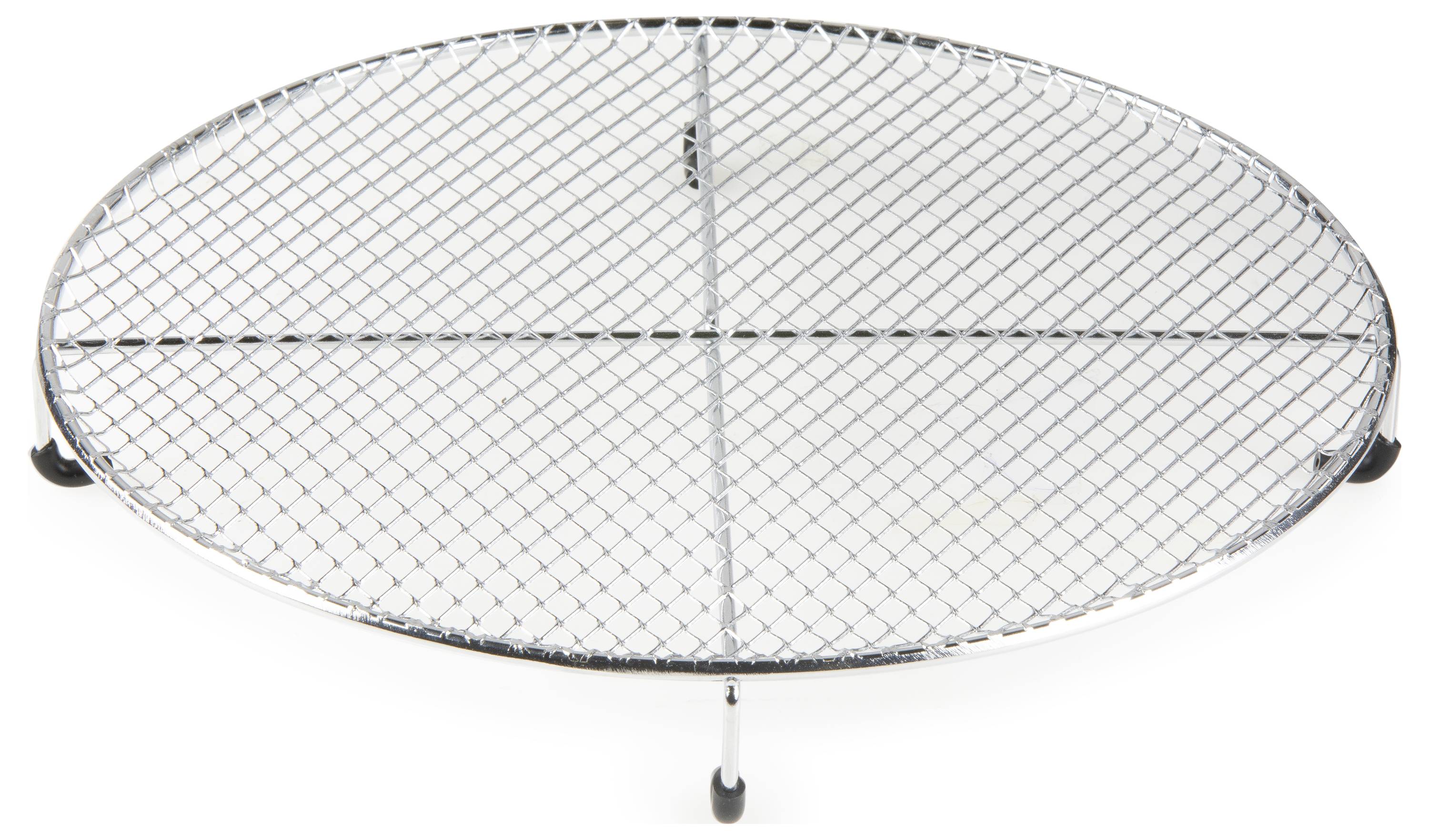 Grille métallique ronde avec quatre pieds, adaptée aux usages culinaires ou de refroidissement.