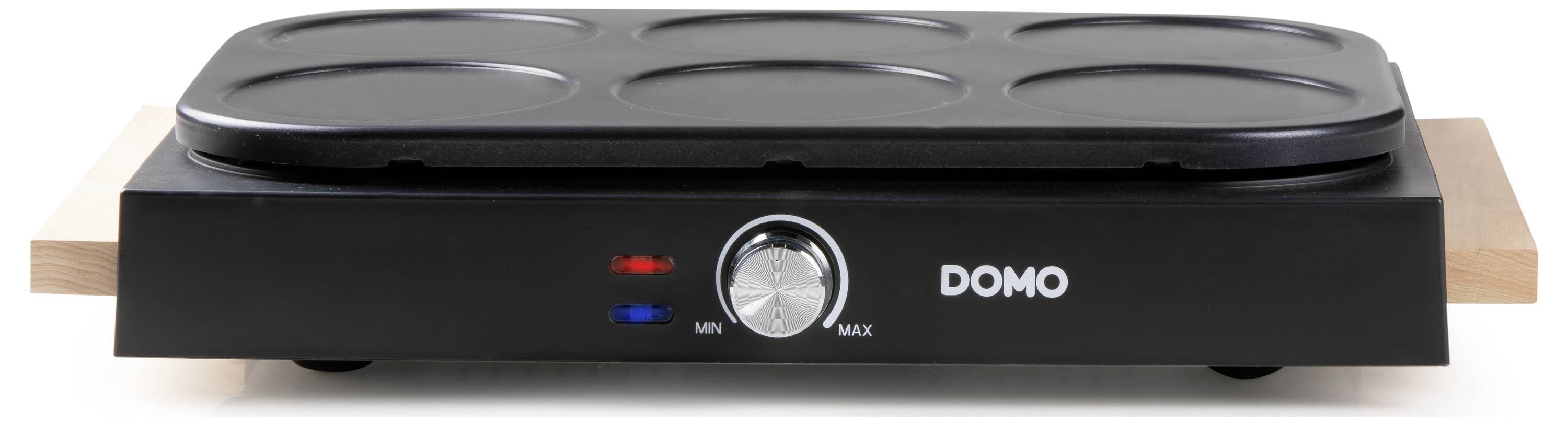 Un crêpe-maker électrique noir avec cinq formes rondes sur la surface de cuisson et un bouton rotatif de réglage de température à l'avant.