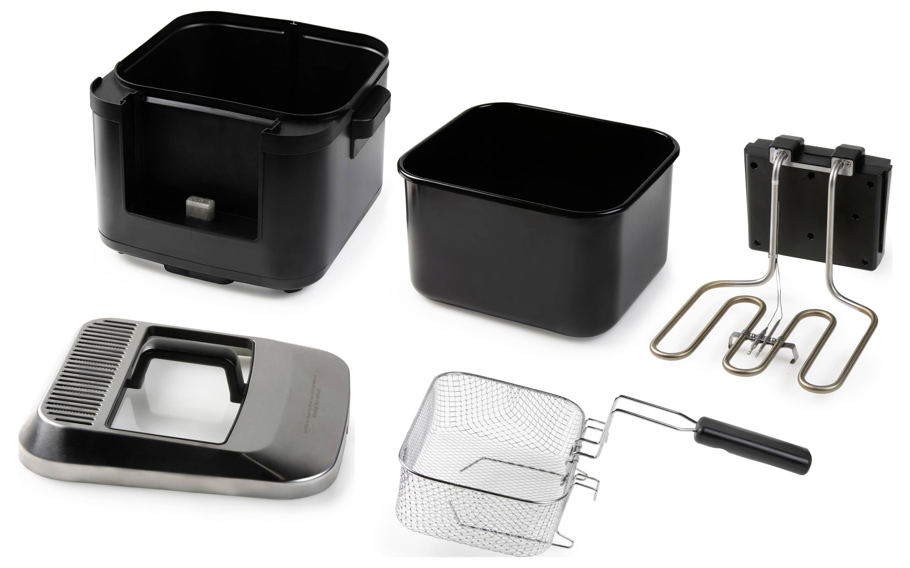 Un ensemble de friteuse démontée comprenant un panier, une résistance chauffante, des récipients et un couvercle sur un fond blanc. Idéal pour le nettoyage ou le rangement.