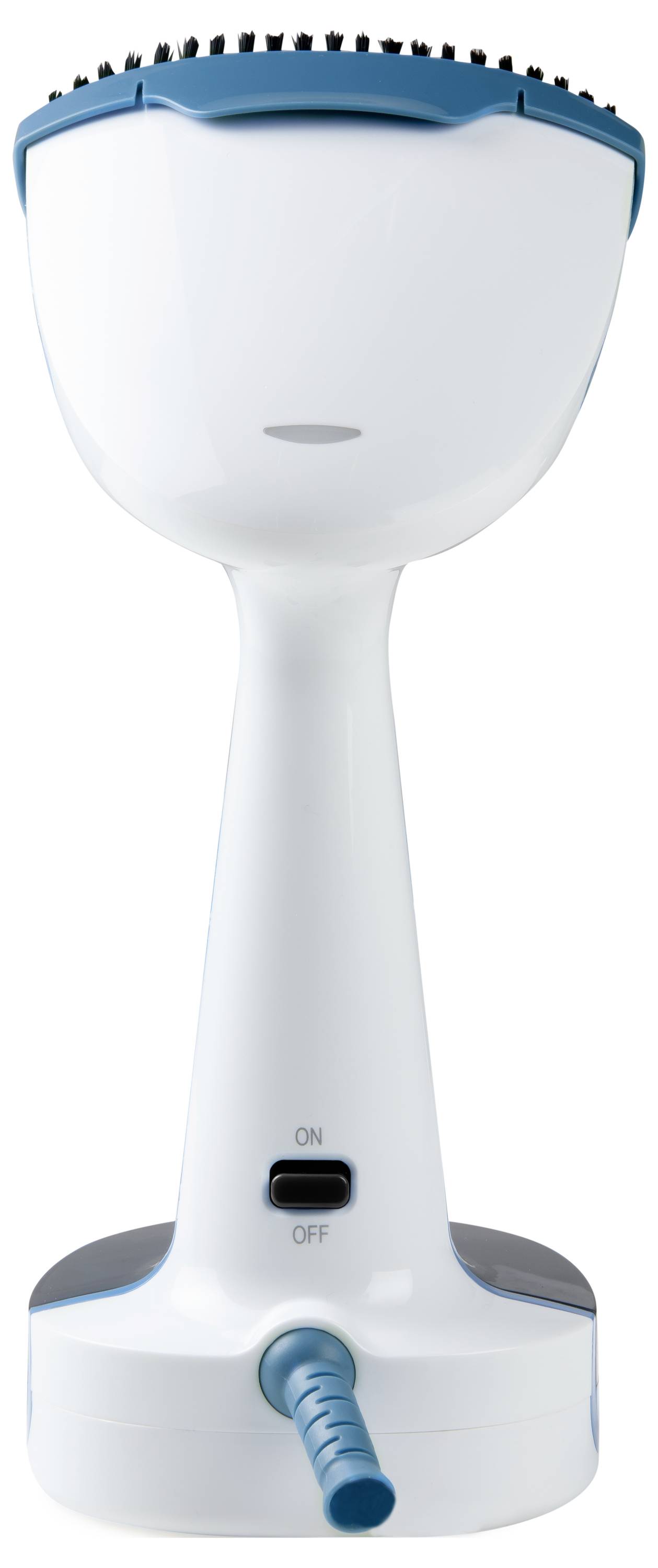 Fer à repasser portable à vapeur en blanc et bleu avec interrupteur marche/arrêt. Idéal pour défroisser les vêtements et éliminer les plis lors de vos déplacements.