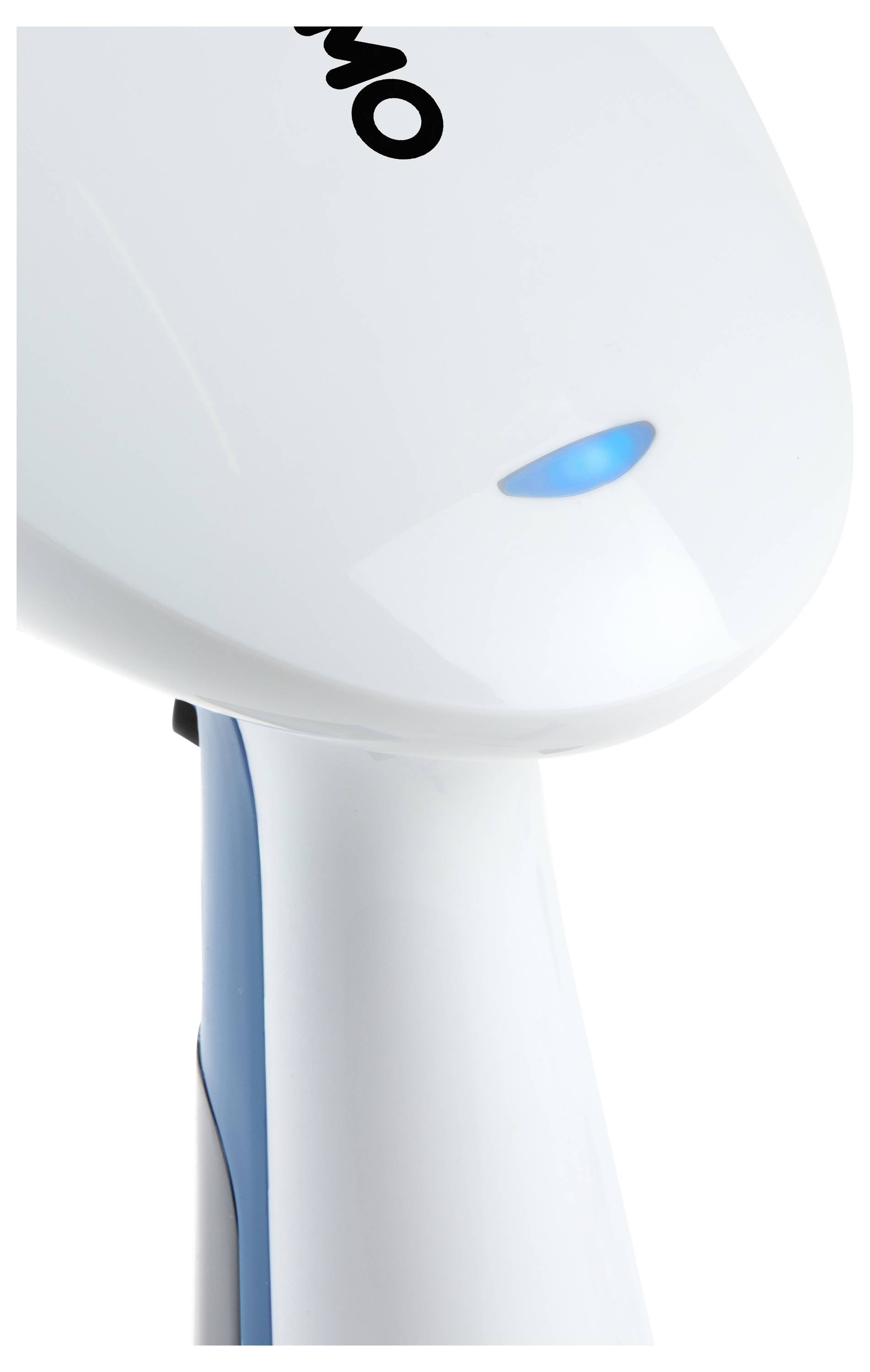 Un fer à repasser électrique blanc et bleu clair avec un voyant bleu sur l'avant.