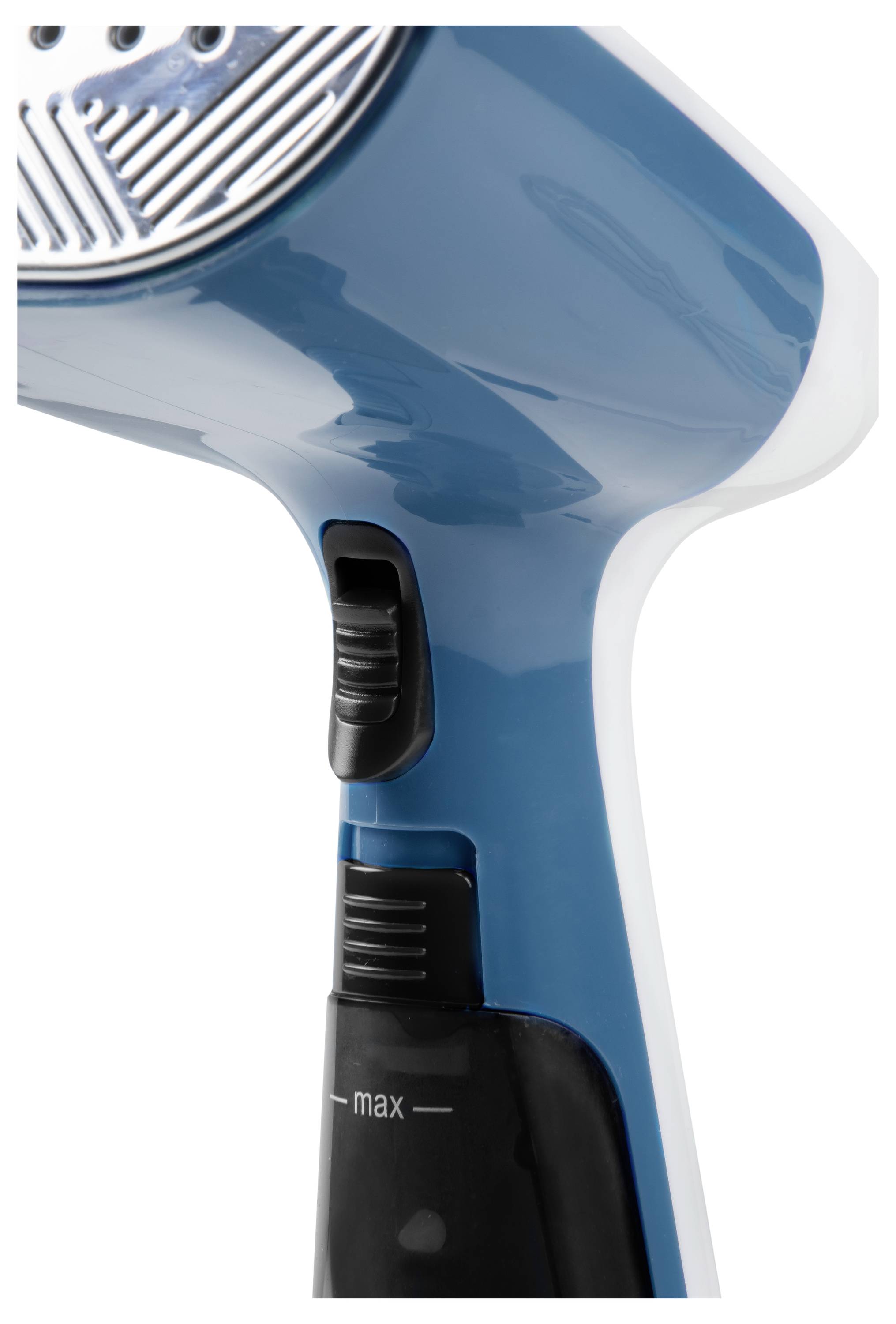 Un nettoyeur vapeur à main bleu avec un levier noir pour régler le flux de vapeur. Un grillage métallique est visible en haut de l'appareil.