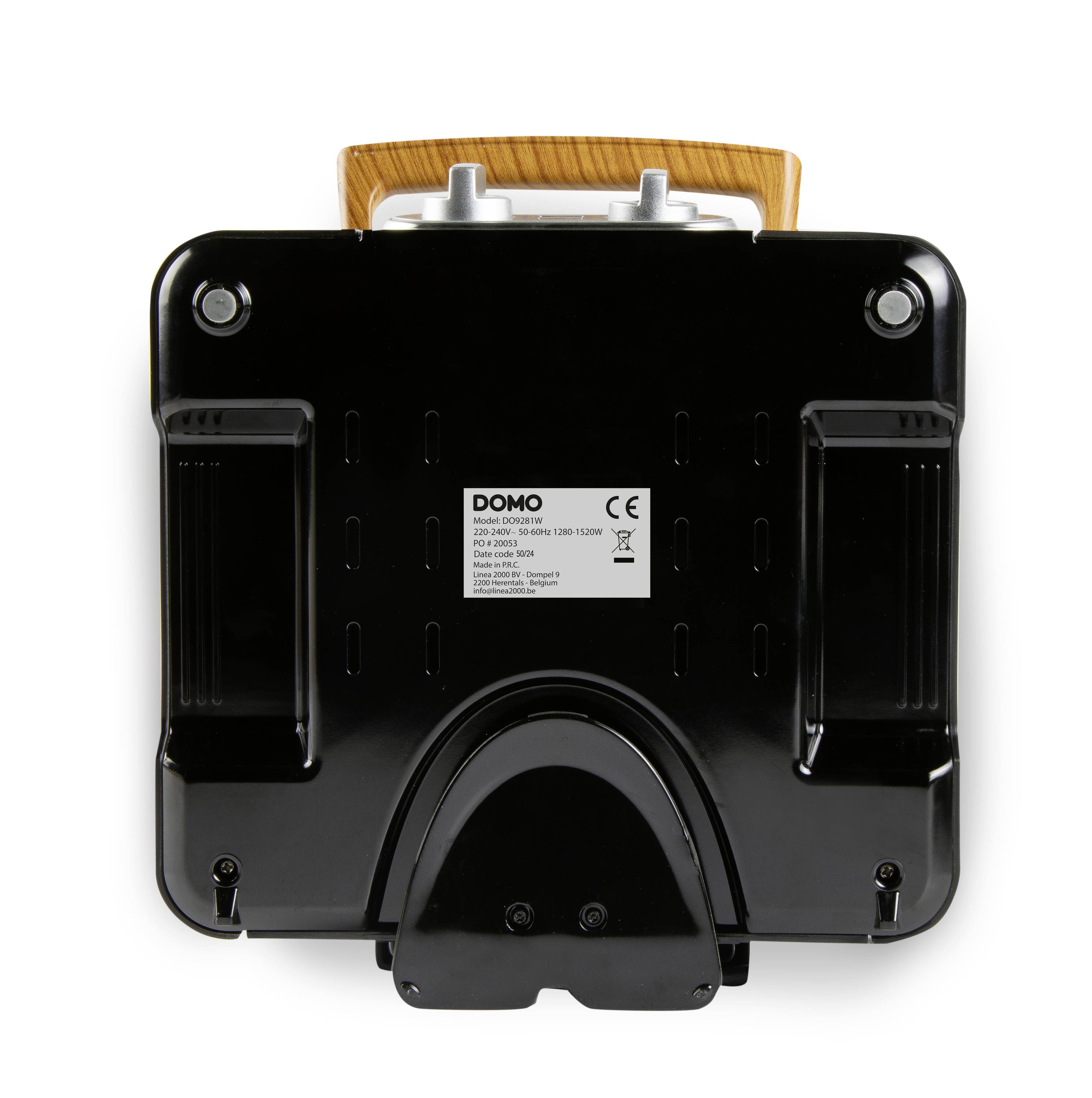 Grill portable de cuisine en noir avec poignée en bois, vue arrière. Montre les informations du produit telles que la marque et le marquage CE.