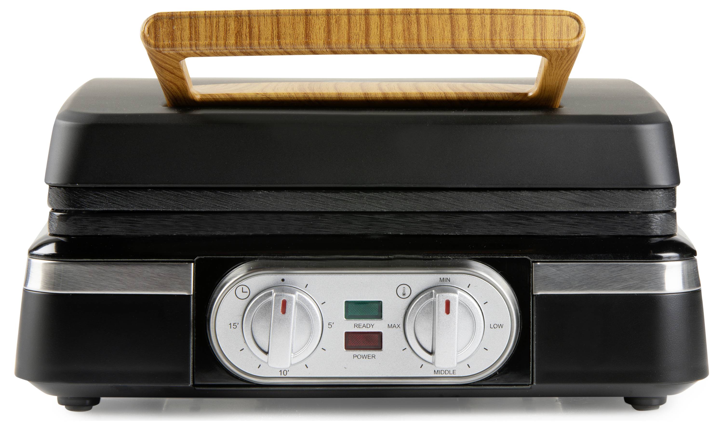 Grill électrique en noir avec poignée en bois. Deux boutons rotatifs pour le réglage de la température et témoin lumineux sur l'avant.