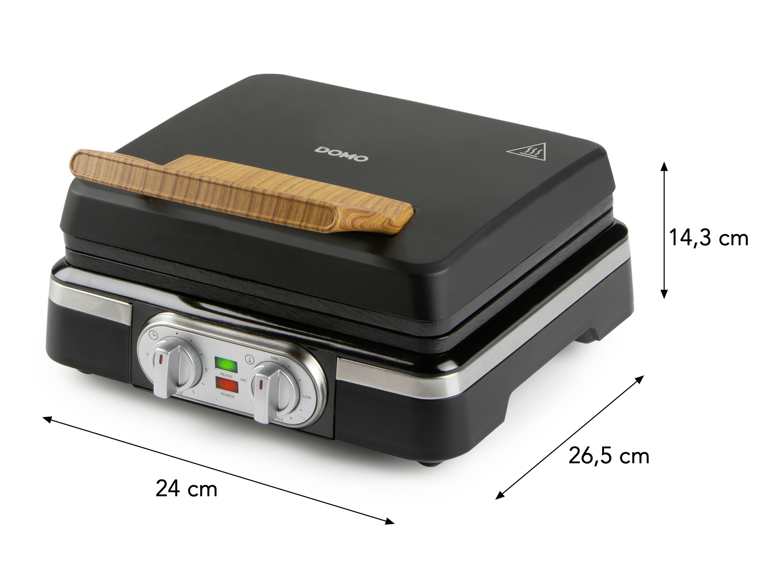 Un grill électrique avec poignée en bois, noir, dimensions : 24 cm x 26,5 cm x 14,3 cm. Idéal pour griller dans la cuisine.