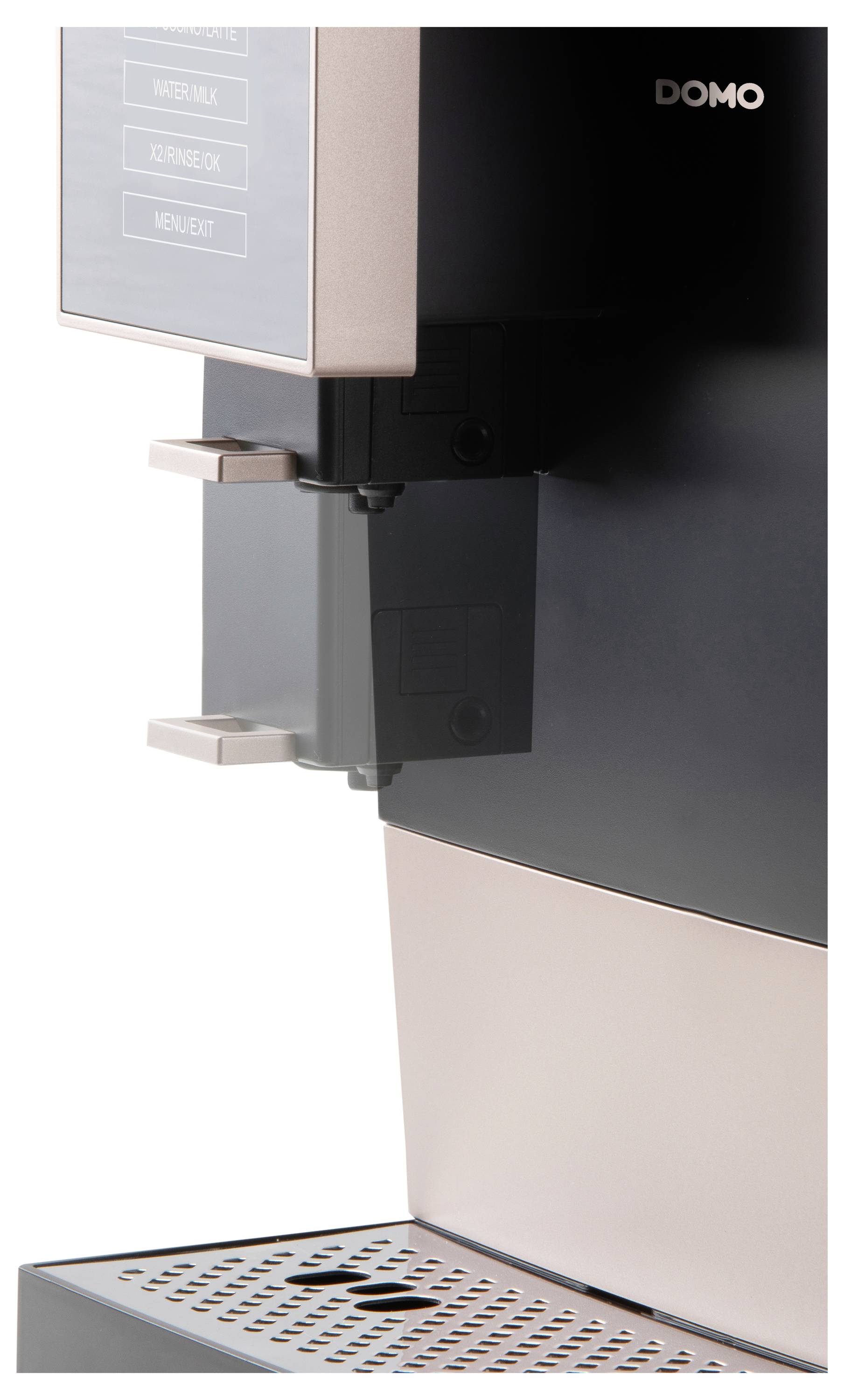 Machine à café automatique en gros plan. Montre le panneau de commande et le support de tasse.