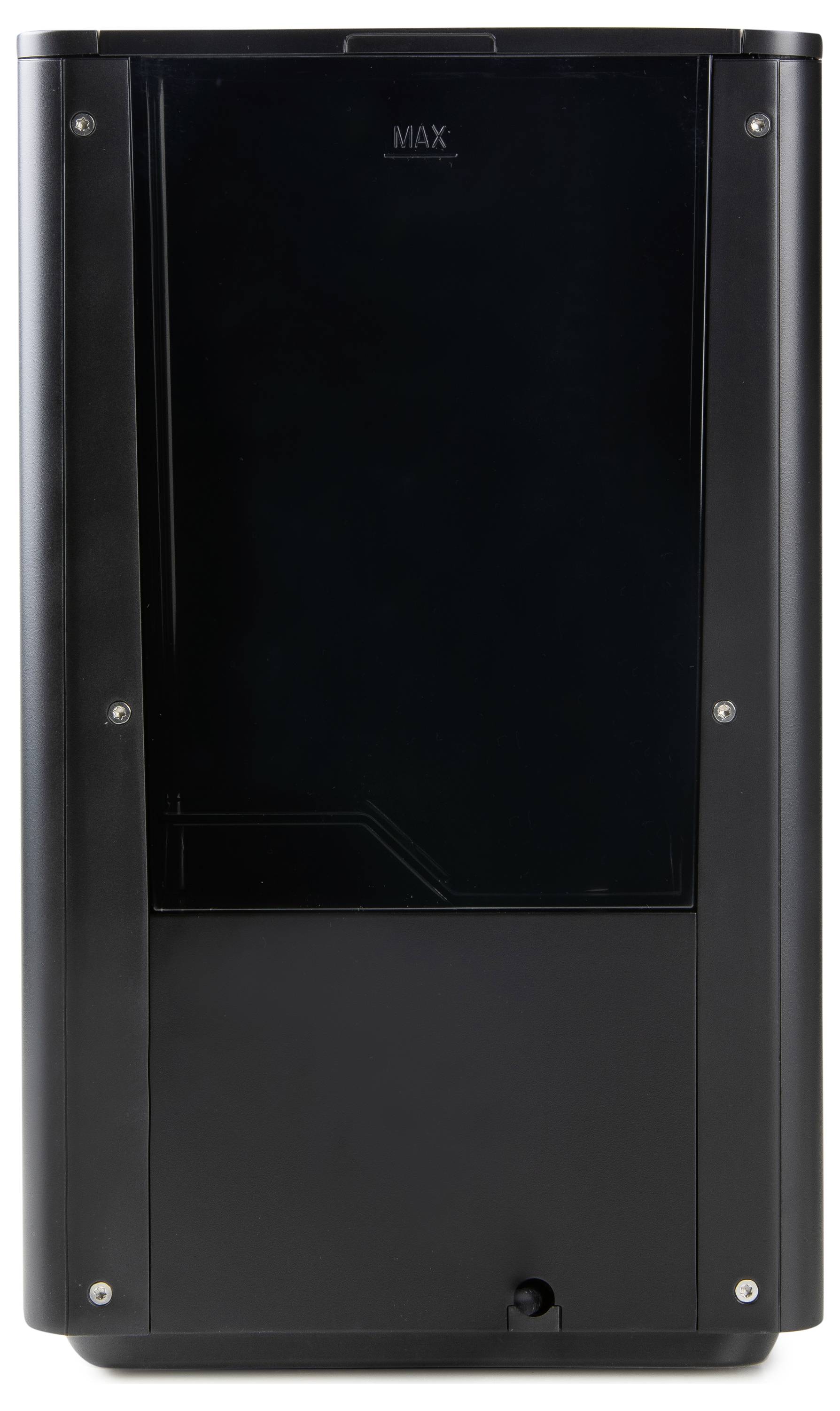 Un imprimante 3D noir à la surface lisse avec une fenêtre sombre en haut, sur un fond neutre.