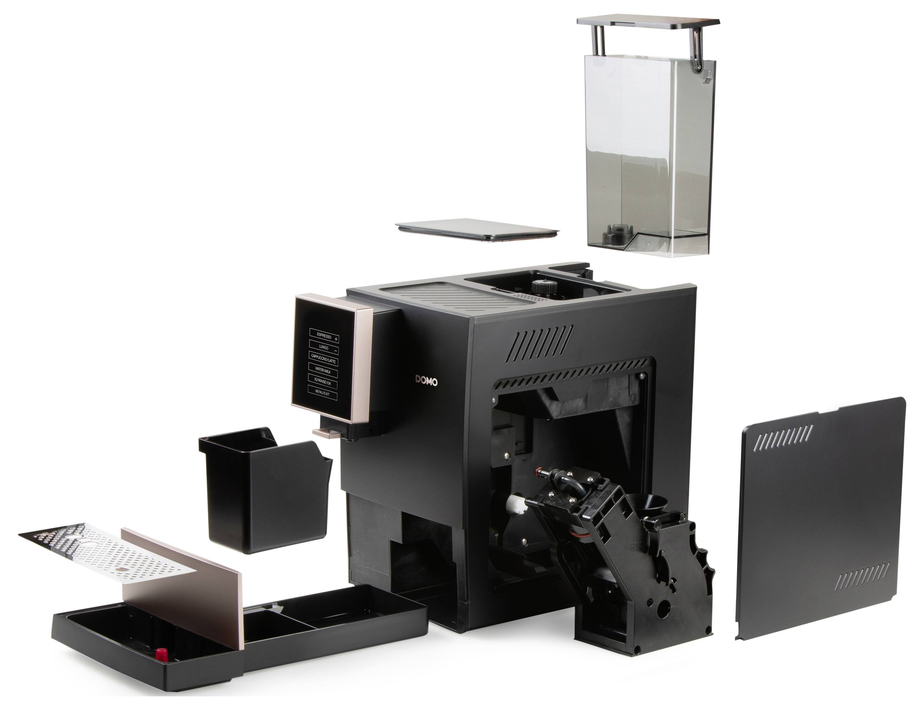 Machine à café démontée : le boîtier, le réservoir d'eau, le bac d'égouttement, le moulin à café et le panneau de commande sont visibles, montrant les différents composants.