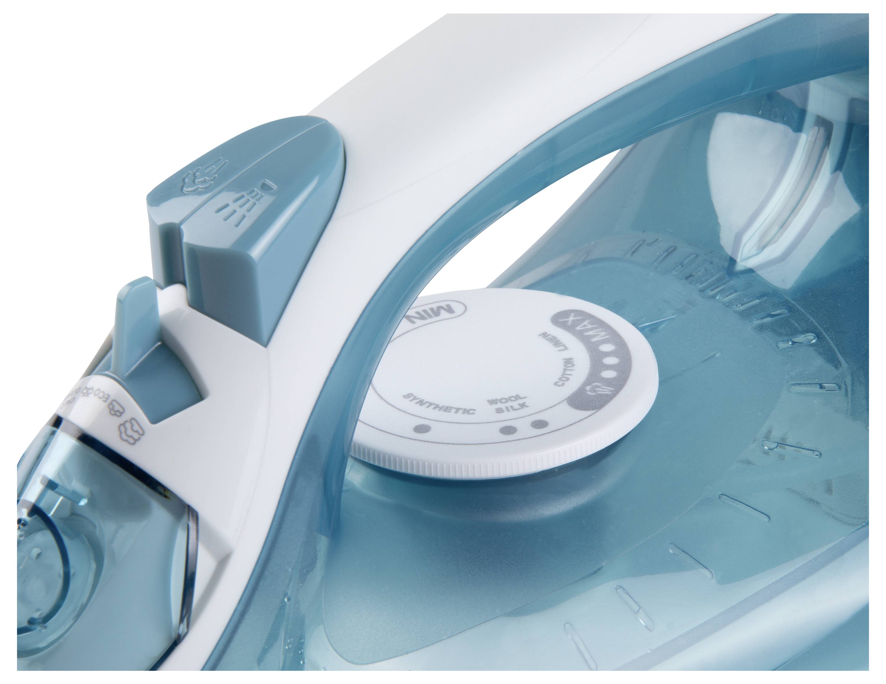 Un fer à repasser vapeur bleu et blanc avec un couvercle de réservoir d'eau et un bouton rotatif pour les réglages de température sur le dessus.