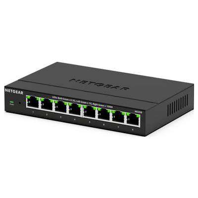 Commutateur réseau avec huit ports Ethernet, voyants LED et logo de marque sur un boîtier gris foncé.