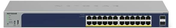 Un commutateur réseau avec 24 ports Ethernet et deux ports supplémentaires. L'appareil est logé dans un boîtier compatible rack.