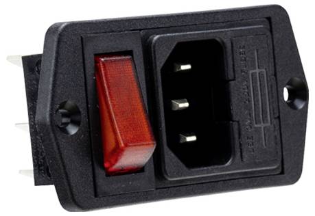 Prise d'appareil noir avec interrupteur à bascule rouge, adaptée à l'alimentation électrique des appareils électroniques.