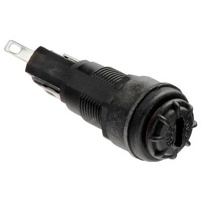 Un support de fusible cylindrique noir avec deux bornes métalliques, adapté aux applications électriques.