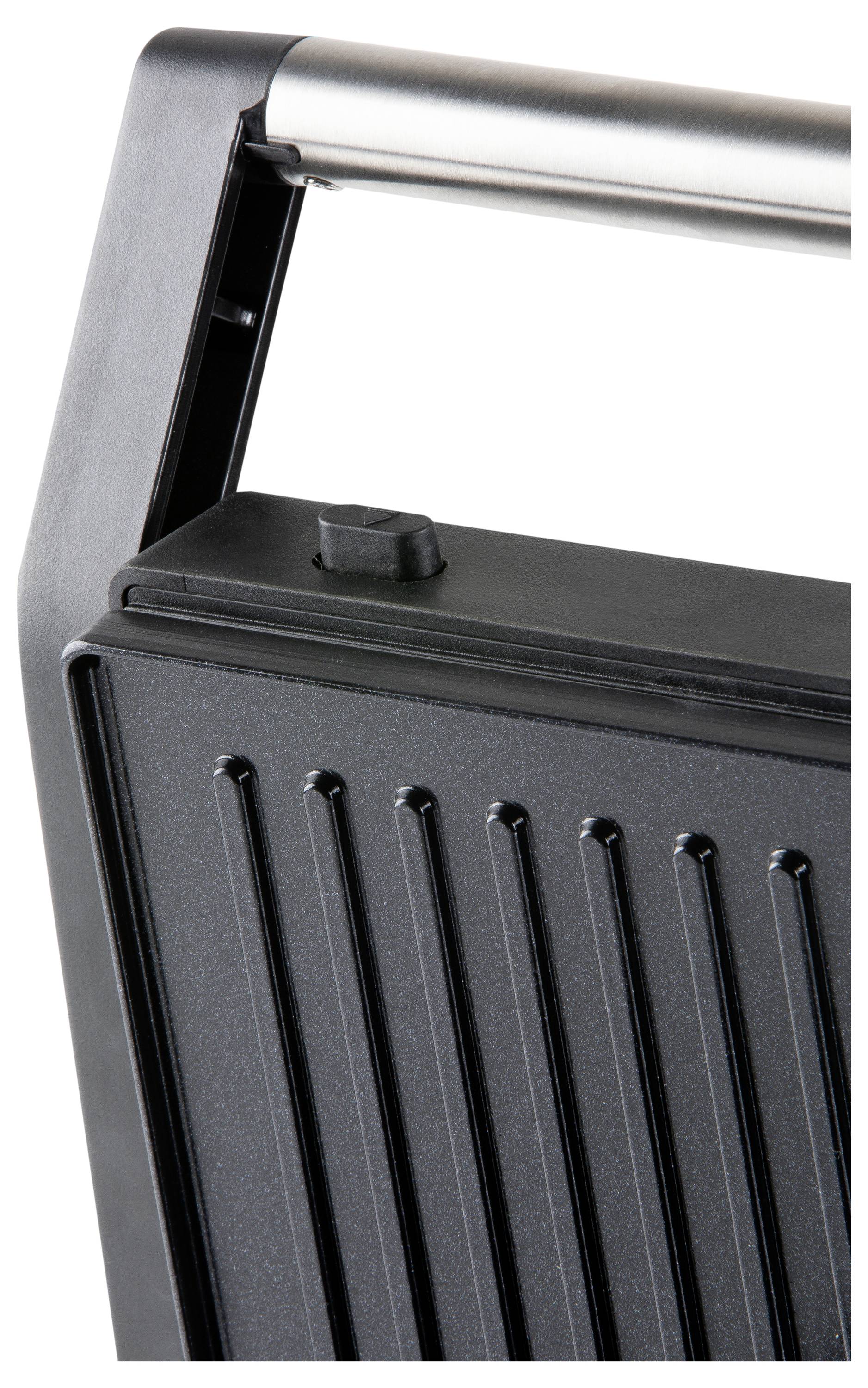 Grill portable noir avec surface texturée, adapté pour sandwichs ou paninis. Poignée de haute qualité pour un transport facile.