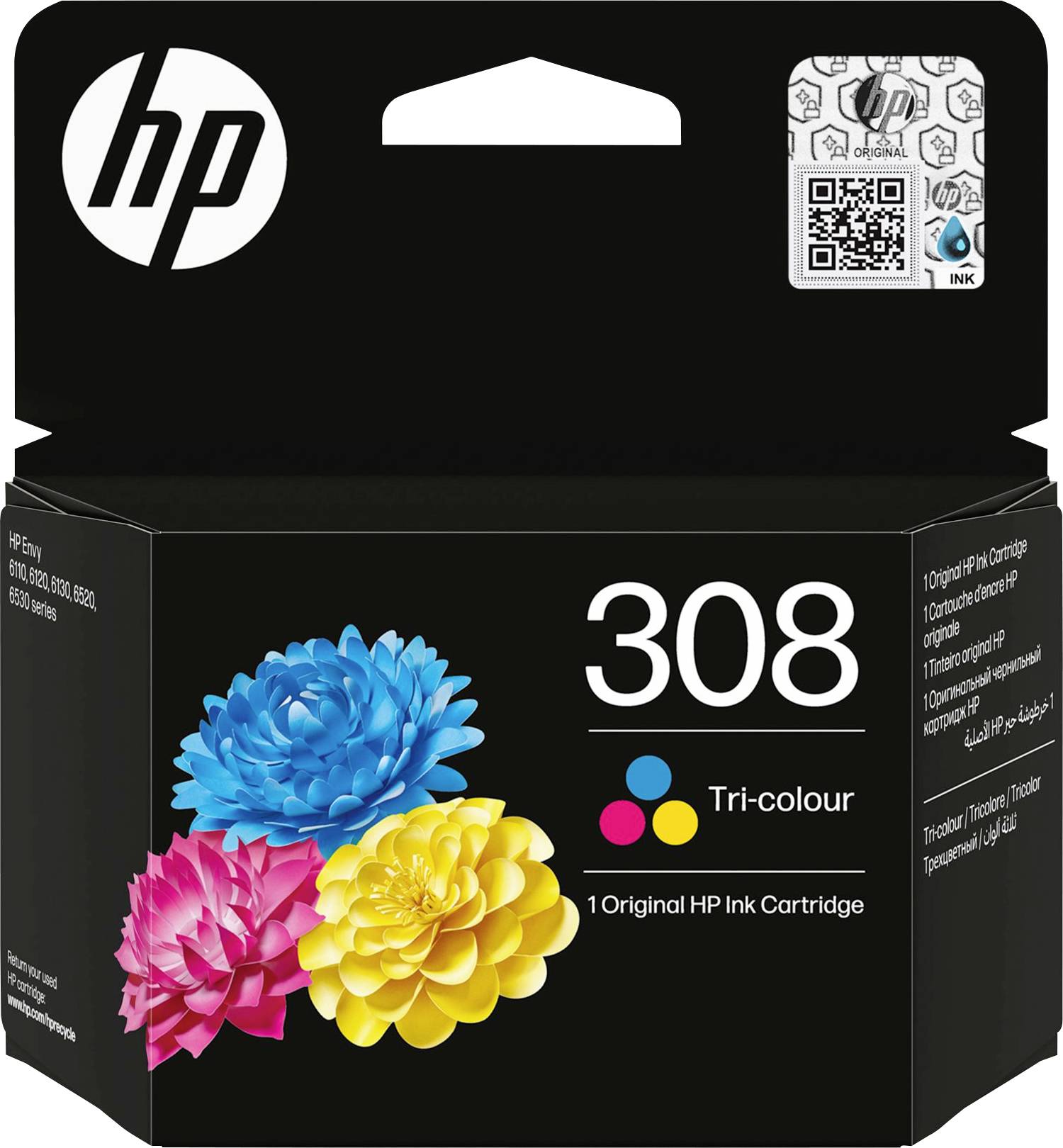 Emballage de 'Cartouche d'encre HP 308 Tri-couleurs' avec des images de fleurs colorées et un code QR, compatible avec les imprimantes HP.