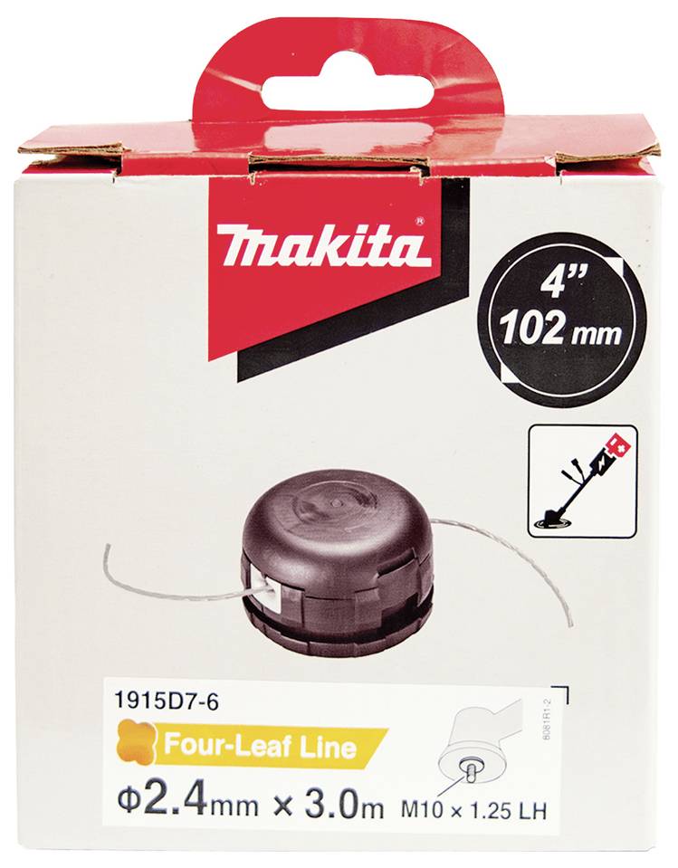 Emballage Makita affichant une bobine de « Four-Leaf Line » avec les spécifications : 2,4 mm x 3,0 m. Convient aux outils de 4 pouces (102 mm).