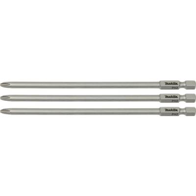 Trois embouts de tournevis cruciformes longs en argent, taille PH2. Nom de marque 'Makita' gravé sur chaque embout.