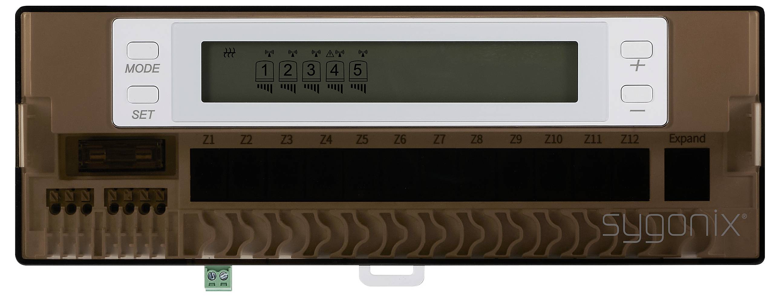 Minuterie numérique et panneau de contrôle avec affichage montrant les chiffres '1', '2', '3', '4', '5', et des boutons de contrôle pour les paramètres.