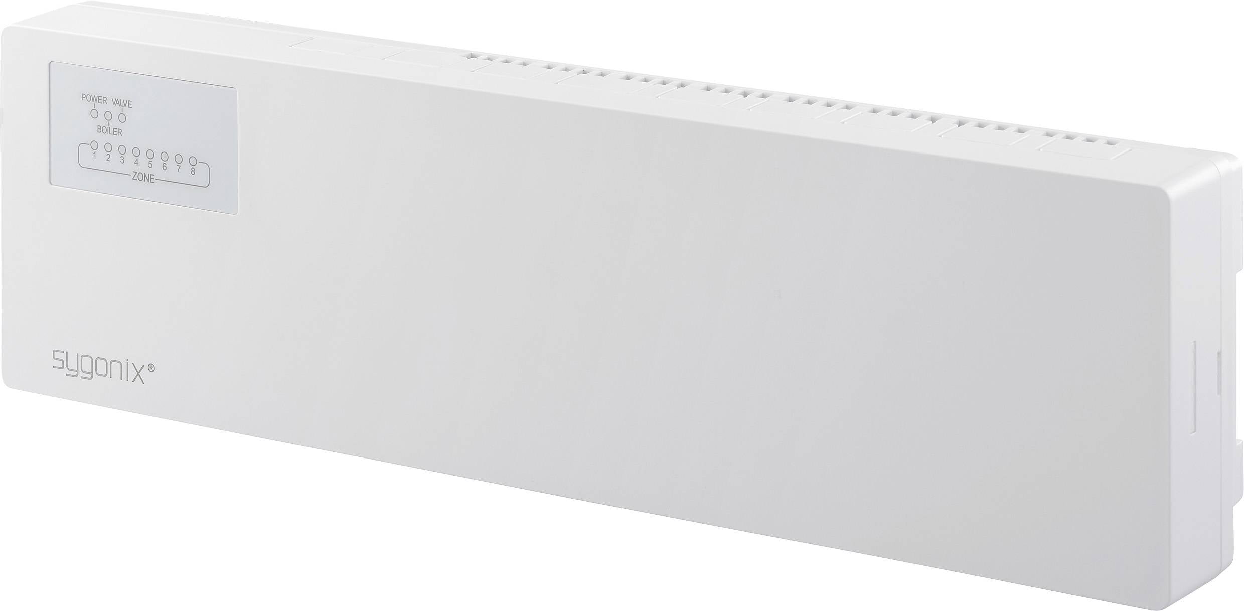 Un appareil électronique blanc, rectangulaire et élégant, étiqueté 'sygonix', doté de fentes de ventilation et d'un affichage numérique montrant les réglages de puissance.