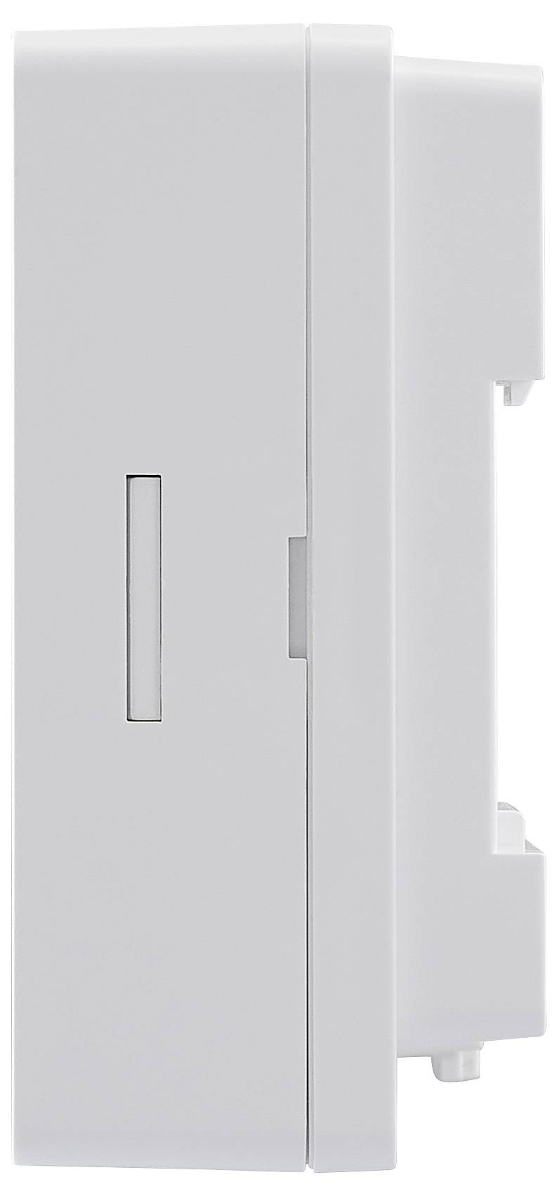 Un dispositif rectangulaire blanc avec une fente verticale, vu de côté, possiblement un thermostat ou une unité de commande.
