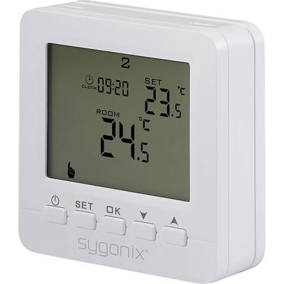 Thermostat numérique affichant « Réglage 23,5 °C », « Pièce 24,5 °C » et l'heure « 09:20 ». Des boutons de paramétrage sont visibles sous l'écran.