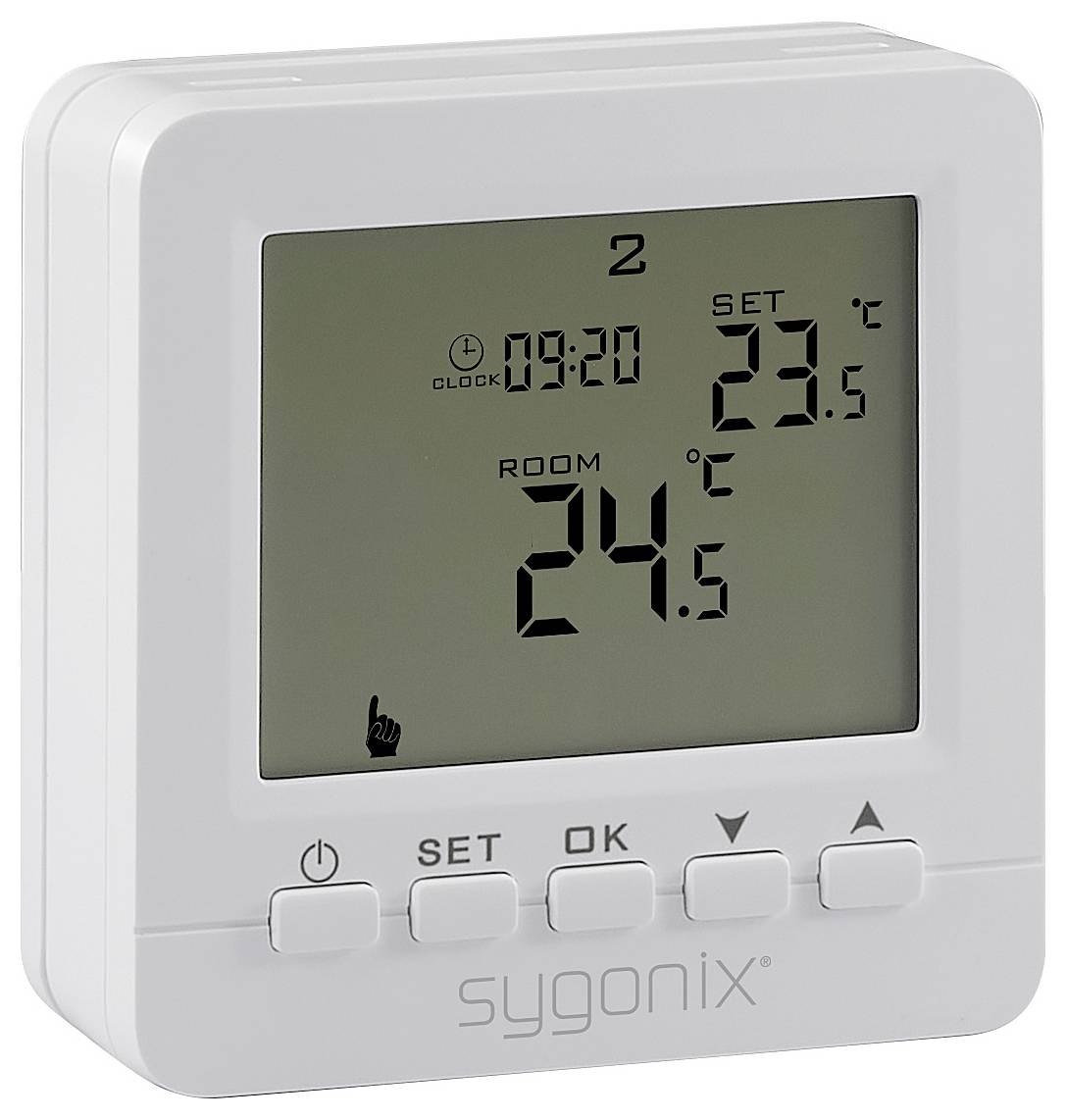 Un thermostat numérique affichant la température 'RÉGLÉE' à 23°C et la température 'AMBIANTE' à 24,5°C, avec un affichage de l'heure à 09:20.
