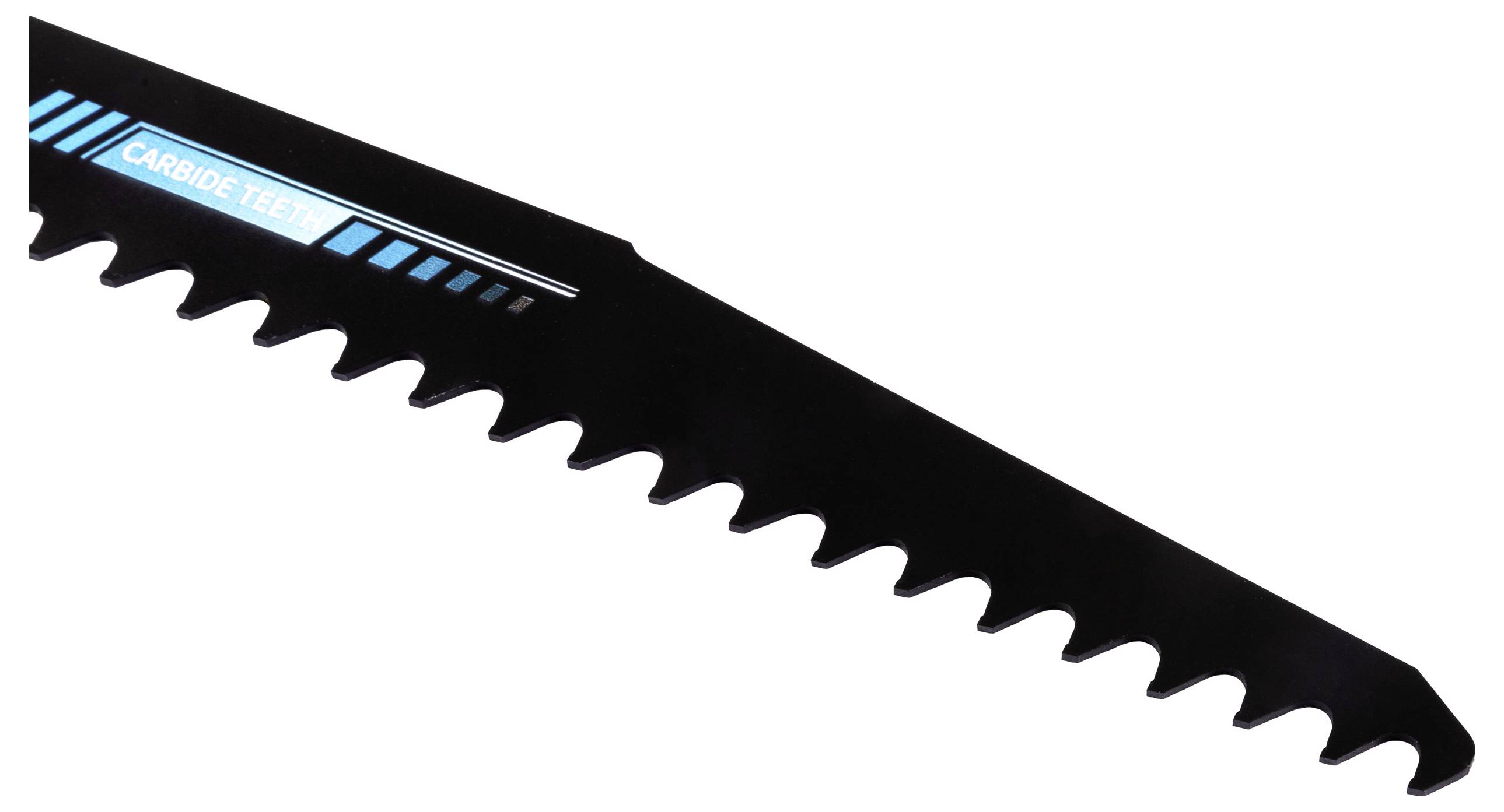 Une lame de scie avec des détails noirs et bleus portant l'étiquette « DENTS EN CARBURE », présentant un design denté pour couper des matériaux.