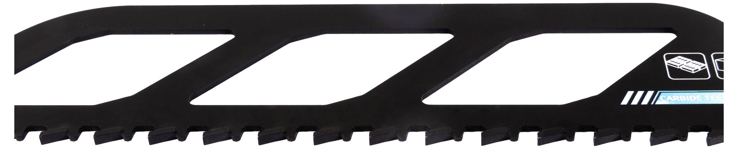 Une lame de scie à ruban noire dentelée avec des découpes triangulaires indique un design pour une coupe efficace, présentant le texte « CARBURE DE TUNGSTÈNE ».