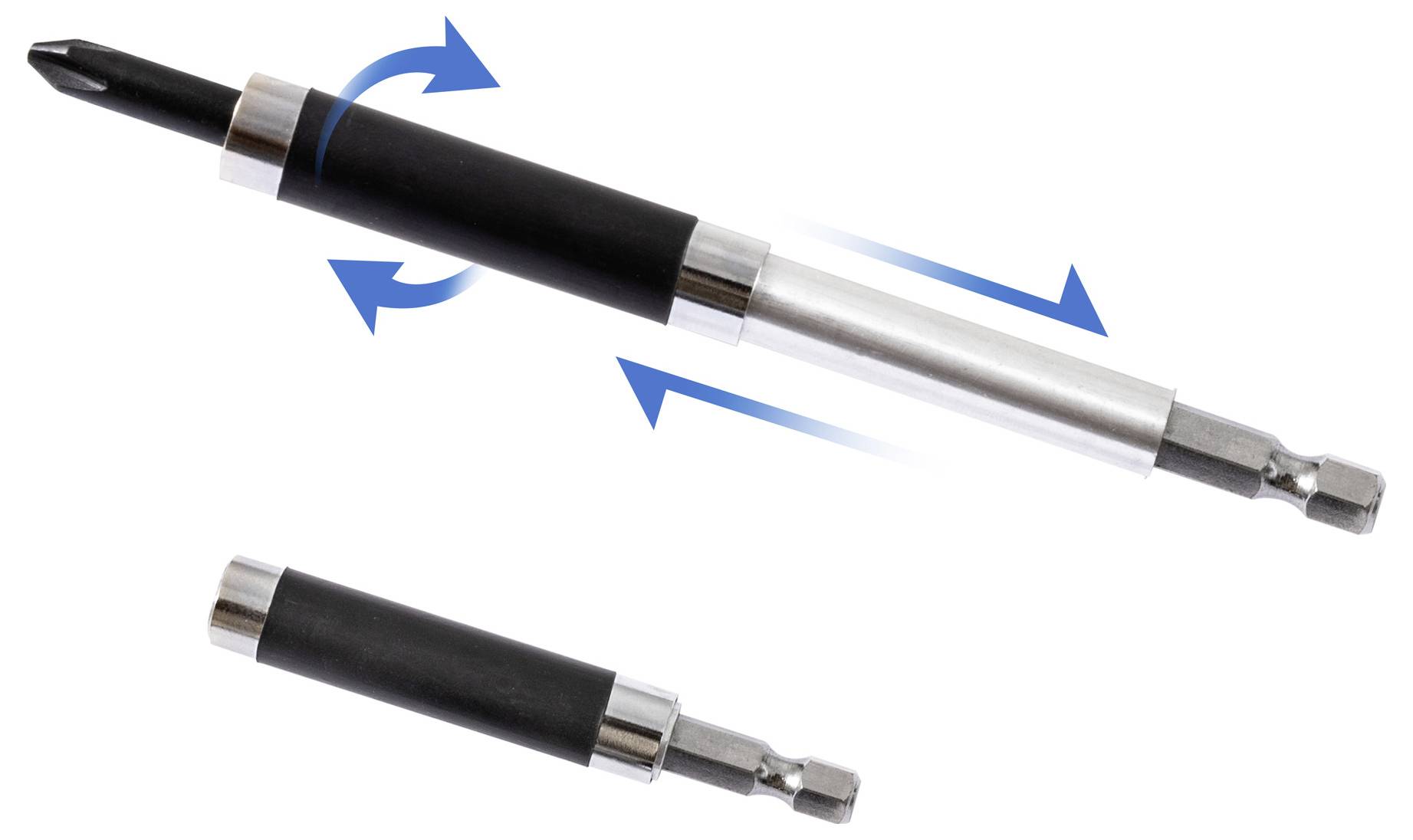 Un outil métallique à deux parties avec une poignée noire rotative et des flèches indiquant un mouvement de glissement et de rotation, suggérant qu'il est réglable.