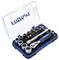 Un ensemble d'outils mécaniques dans un coffret bleu et noir. Le set comprend différentes douilles et une clé à cliquet. Le couvercle transparent présente un logo.