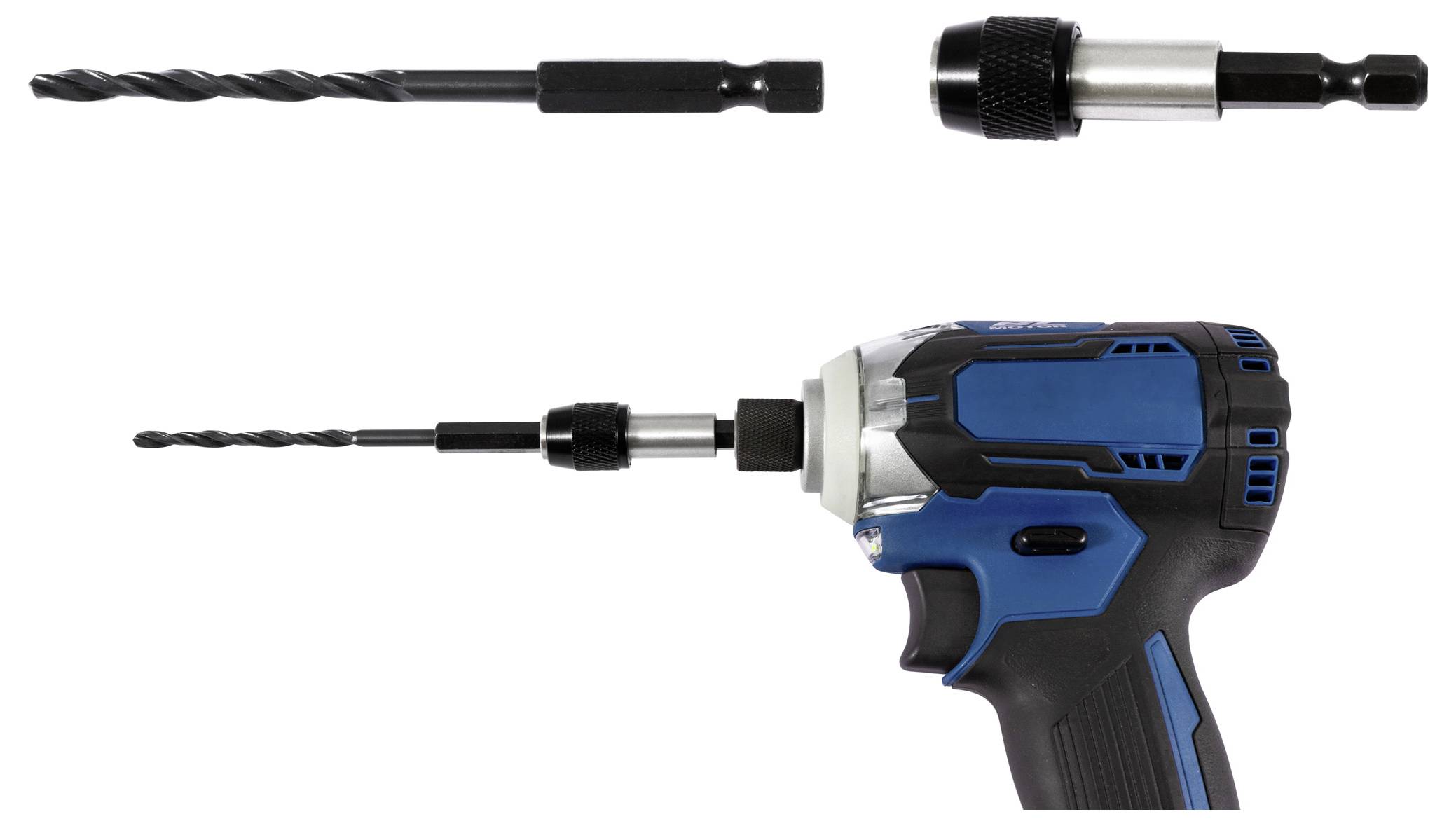 Un perceuse électrique bleue et noire avec un foret attaché est représentée. Au-dessus, une image rapprochée distincte du foret et du mandrin est affichée.