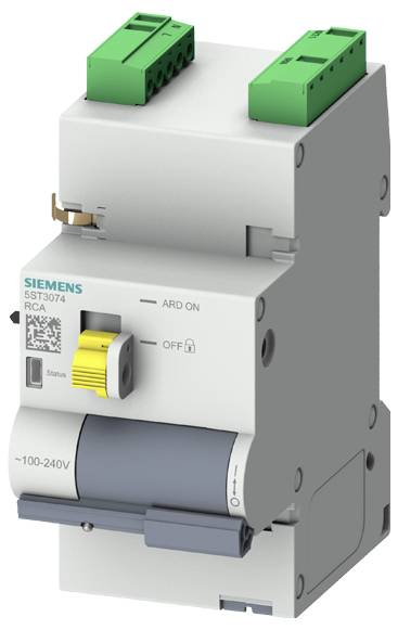 Un disjoncteur Siemens avec un levier jaune et des bornes de raccordement vertes, affiche le statut 'ARD ON' et est conçu pour 100-240V.