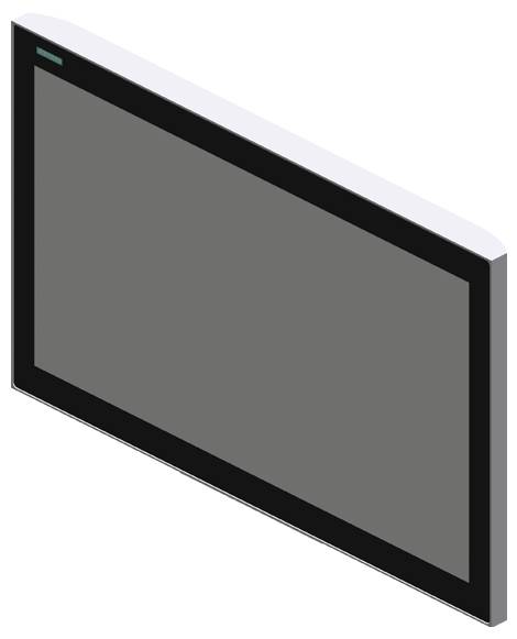 Écran industriel en vue isométrique, bordé de noir, avec affichage gris, adapté aux commandes industrielles.