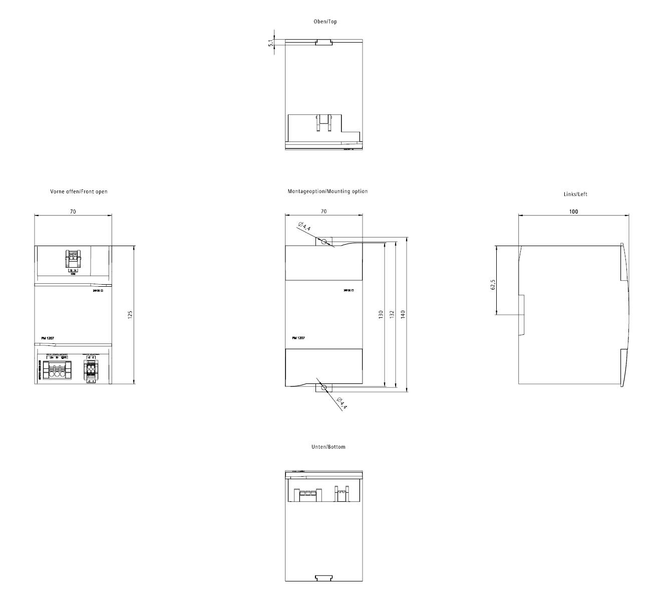 Dessins techniques d'un dispositif sous différents angles : vues de face, de face ouverte, de droite, de gauche et de dessous, avec dimensions indiquées.