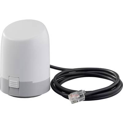 Un actionneur de thermostat blanc avec une base grise, connecté à un câble noir avec un adaptateur transparent.