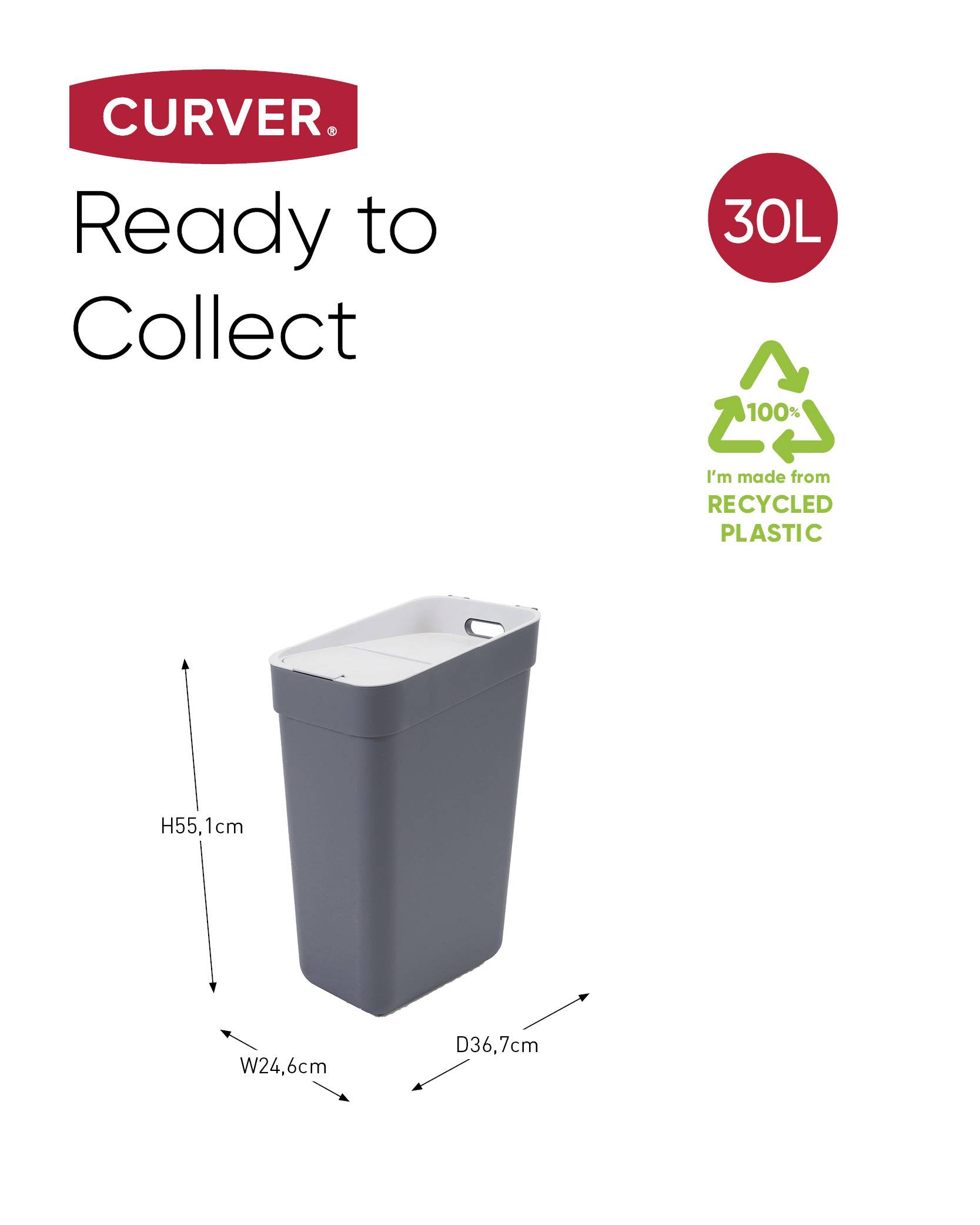 Poubelle 'Curver' de 30 litres en plastique recyclé, dimensions : H55,1 cm x L24,6 cm x P36,7 cm. Slogan : « Prêt à collecter ».